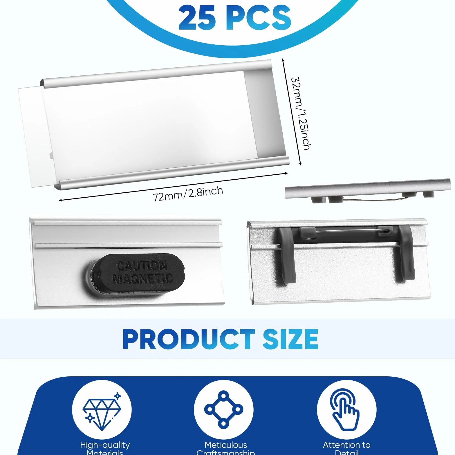 Hicarer Targhette Identificative Magnetiche 25 Badge Nominativi in Alluminio 72x32 mm Argento