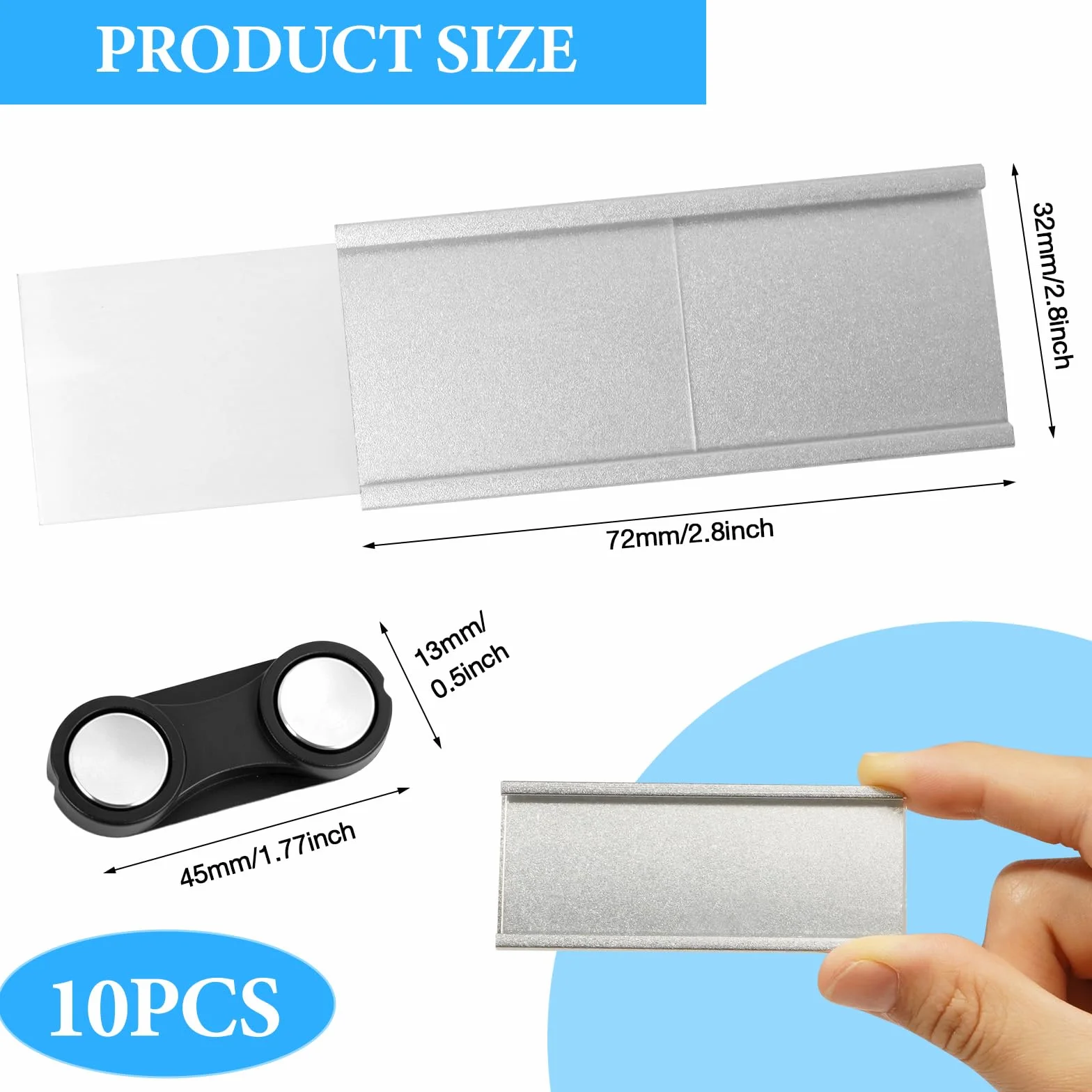 VINATO 10 Pezzi Badge Magnetici in Alluminio per Abbigliamento, Doppio Magnete, 72 x 35 mm
