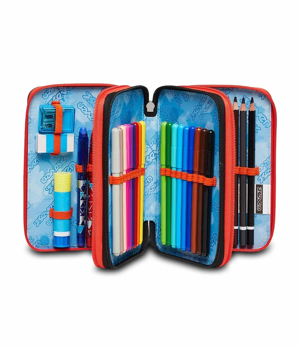Seven Astuccio Scuola Elementare, 3 scomparti, Medie, con Matite, Pennarelli, Penne, 3 Zip, Fluo Stamp, Bambino e Ragazzo, blu/arancione
