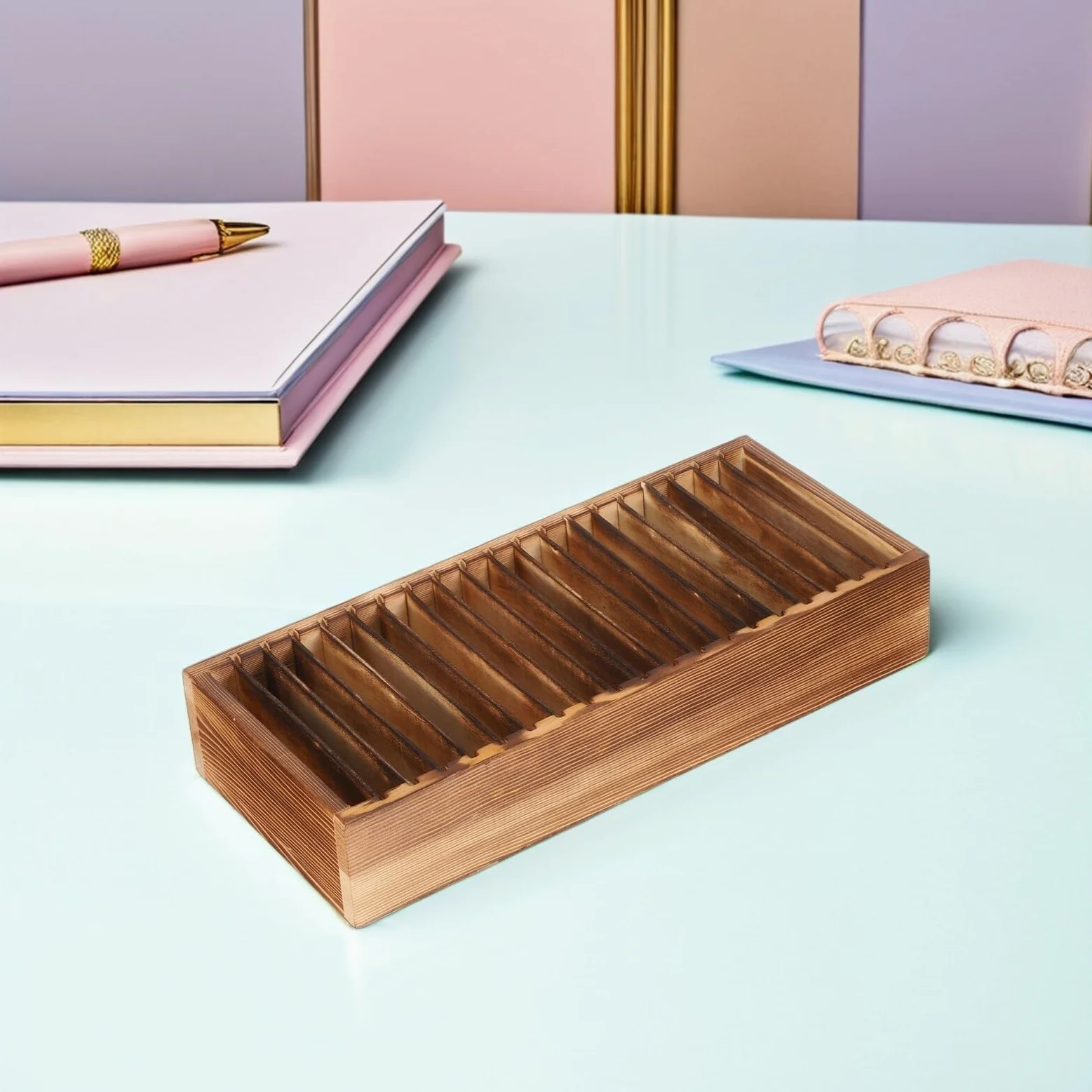 Porta Biglietti da Visita in Legno Naturale con 20 Divisori Staccabili Organizzatore di Carte Portatile Multifunzione per Ufficio e Scrivania Scatola Porta Carte Elegante e