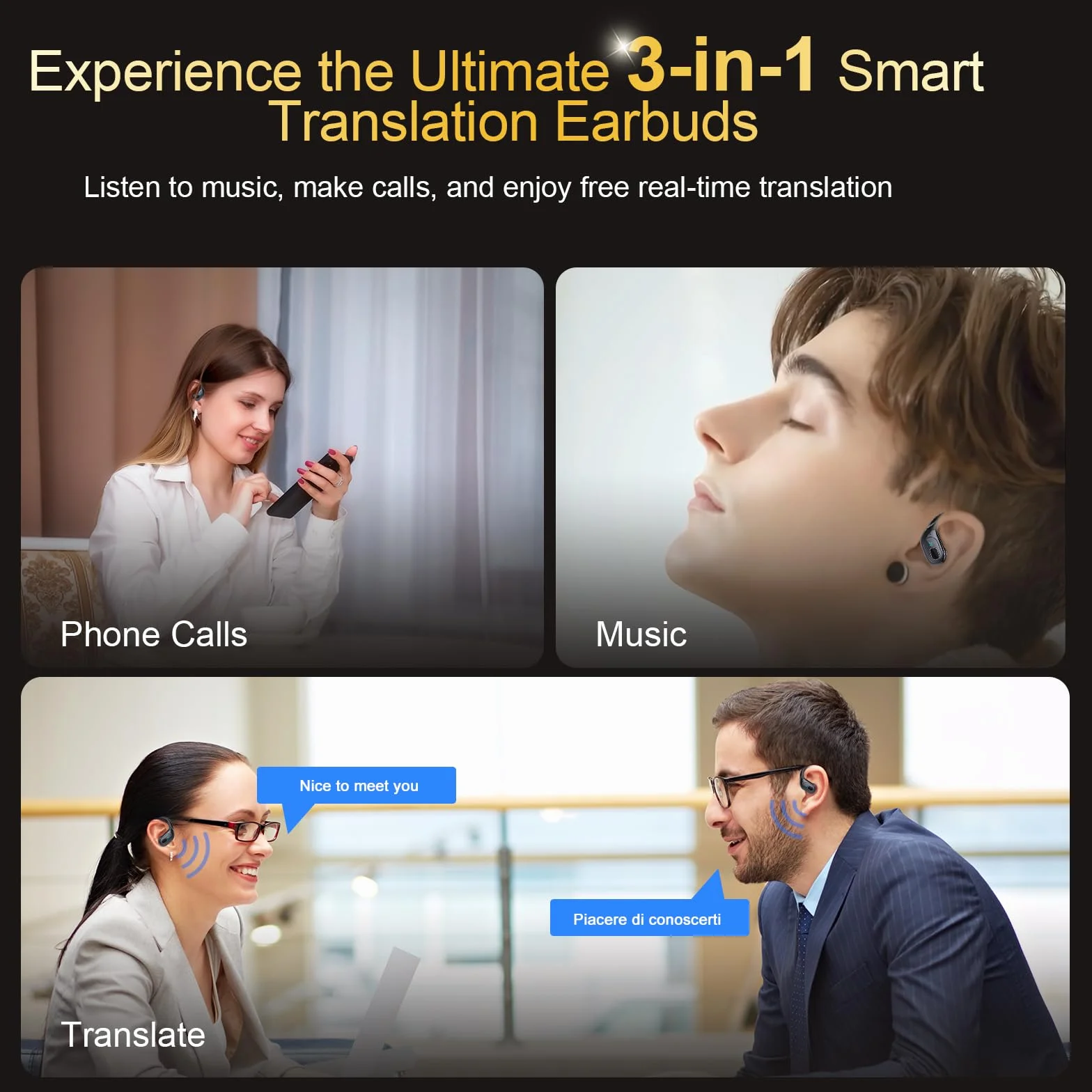 AI Cuffie Traduzione, 3 in 1 Bluetooth 5.4 Auricolari Traduzione con 164 Lingue/6 Modalità di Traduzion, 75 Ore Cuffie Traduttori Istantanei con APP, Auricolare bluetooth per Viaggi/Affari, Nero