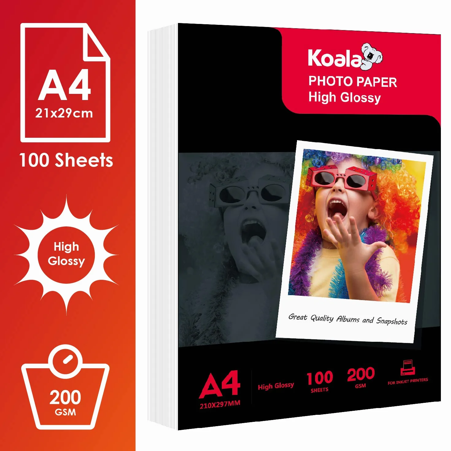 KOALA Carta fotografica lucida A4 200g/m² 100 fogli per stampante a getto d'inchiostro Canon HP Epson