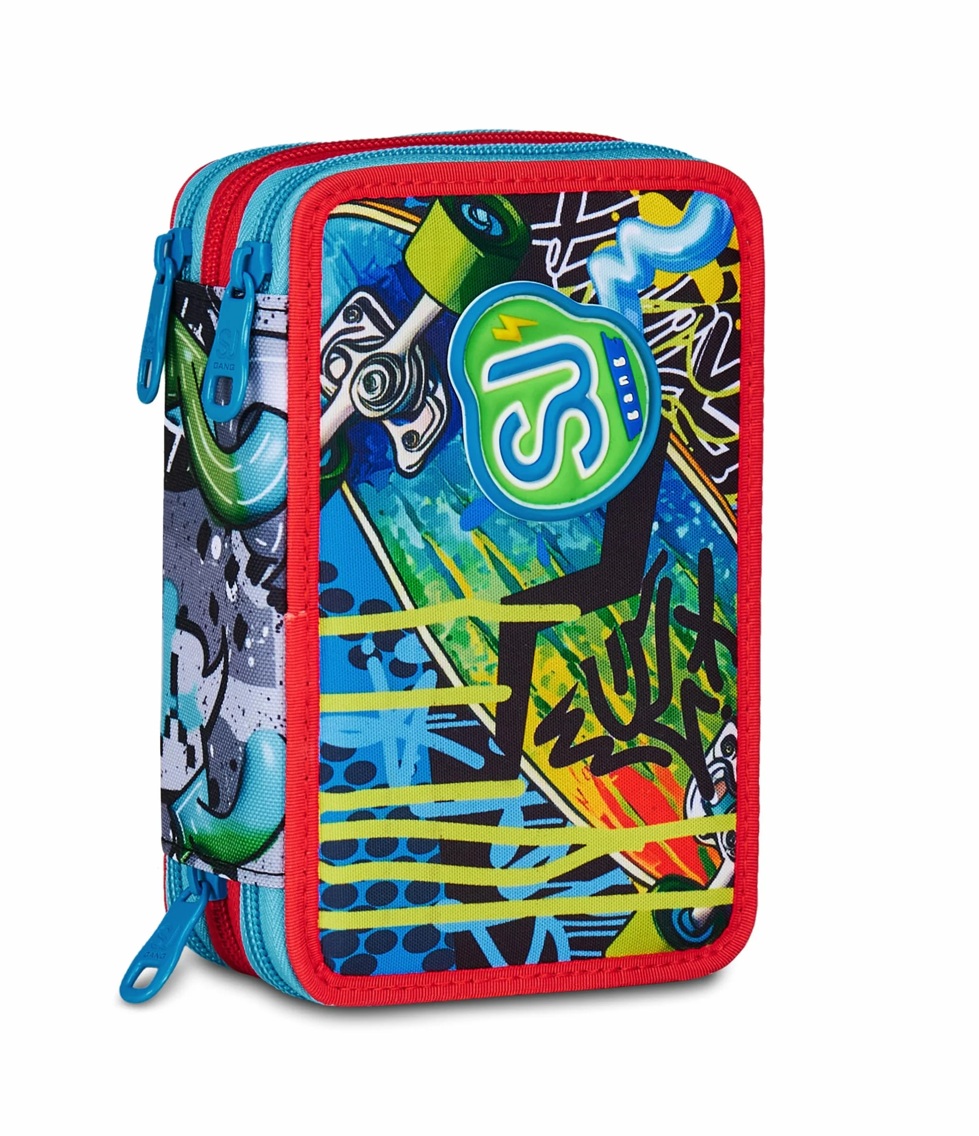 SJ GANG STYLE JAM GANG Astuccio Scuola 3 Zip Sharky Skate, Blu, Portapenne Triplo Scomparto Completo Di Penne, Matite, Colori, Accessori Zaino, Scuola Elementare, Bambino