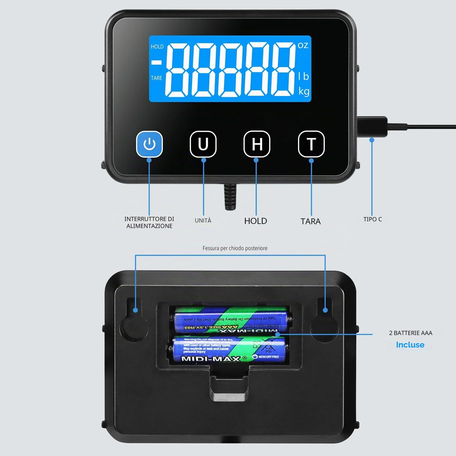 Bilancia Postale Digitale 200kg/440lb 10g/0,35oz con Display LCD e Tara