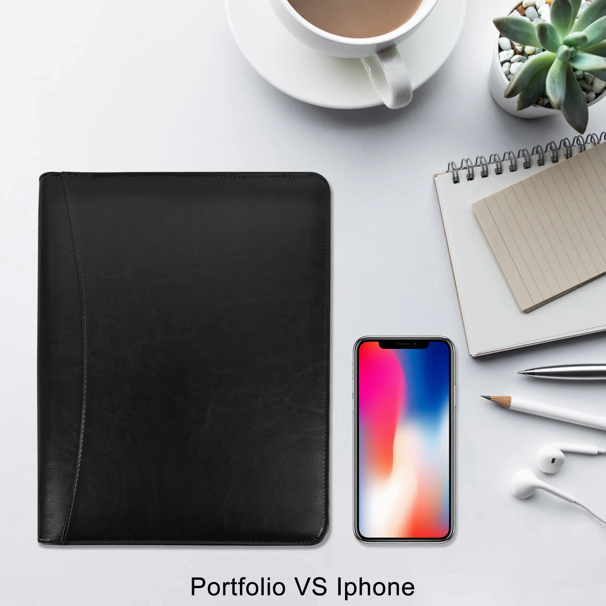 Cartella Portadocumenti con Cerniera A4 Organizer in PU Pelle Nero con Porta Tablet, Telefono e Biglietti da Visita