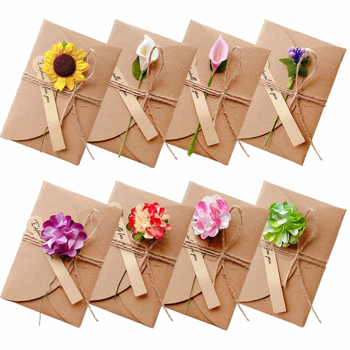 Kraft Papier Retro Grußkarten mit Umschlägen, 8 Stück, Trockenblumen, für Hochzeit Geburtstag Weihnachten