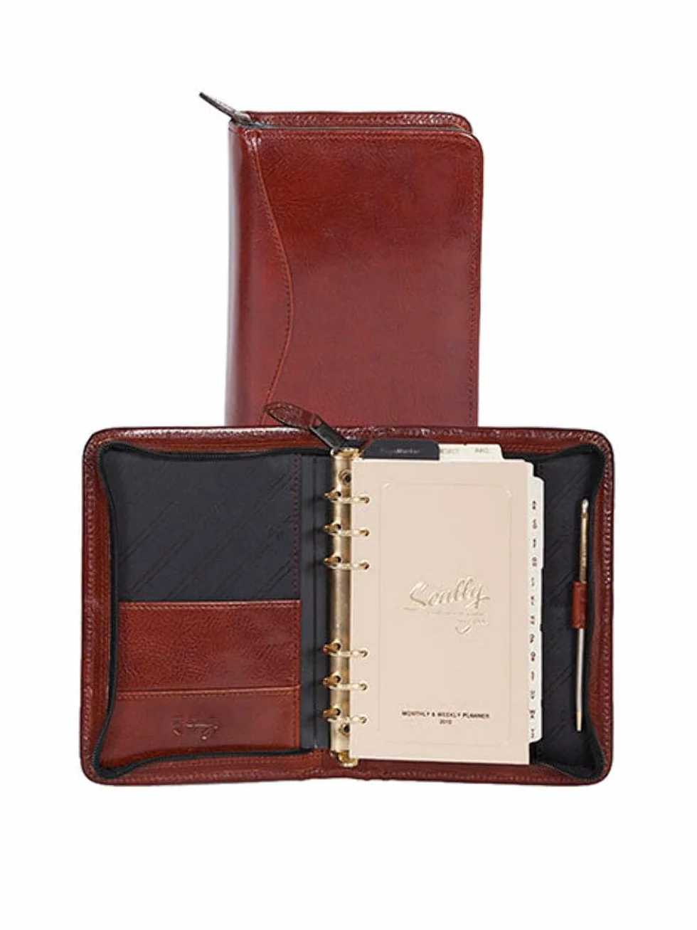 Scully Agenda settimanale in pelle italiana con 6 anelli e cerniera, colore: mogano