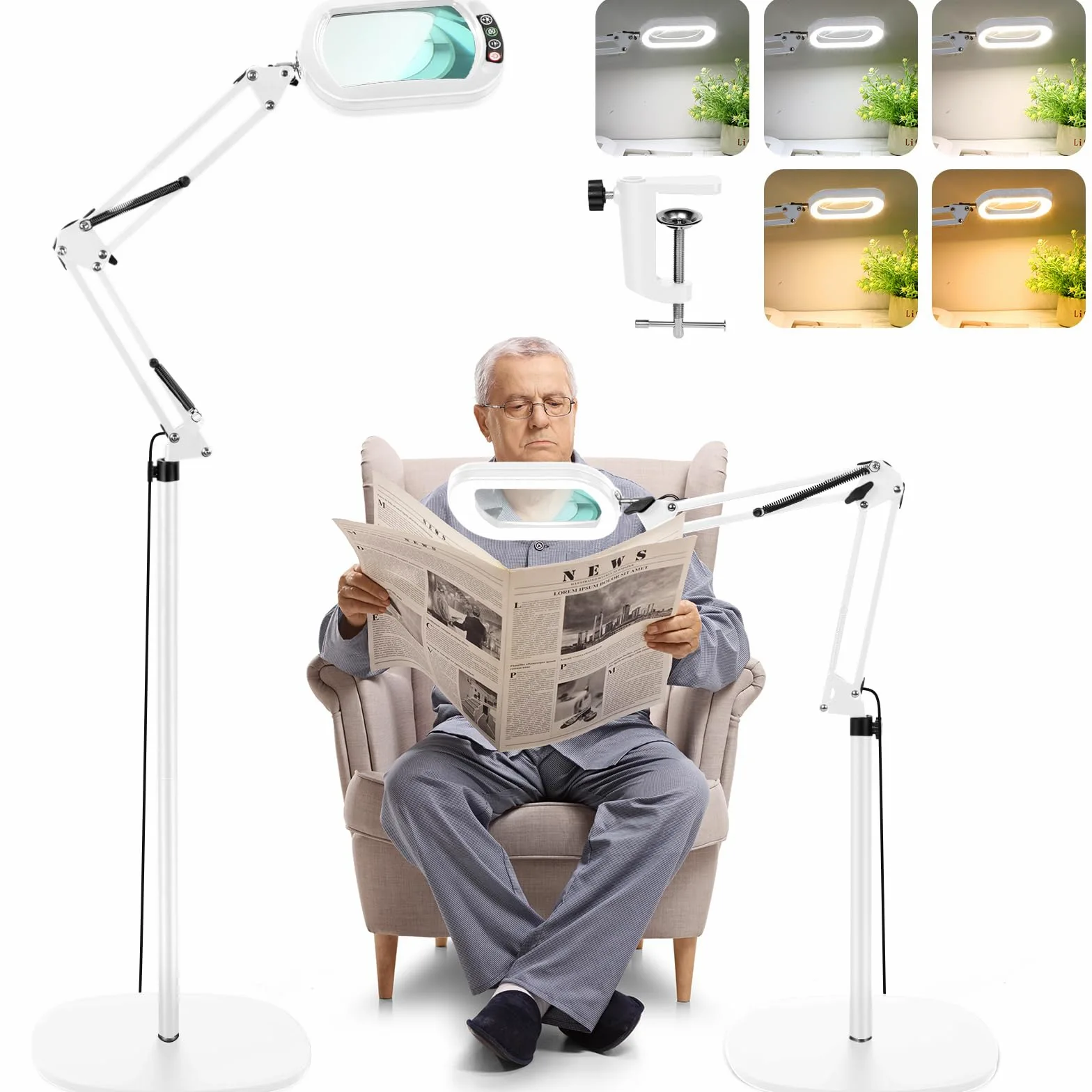 Lente d'ingrandimento 10X con luce e supporto, lampada da terra con lente d'ingrandimento 3 in 1, 5 modalità di colore, lampada con lente d'ingrandimento dimmerabile per pittura e cucito.