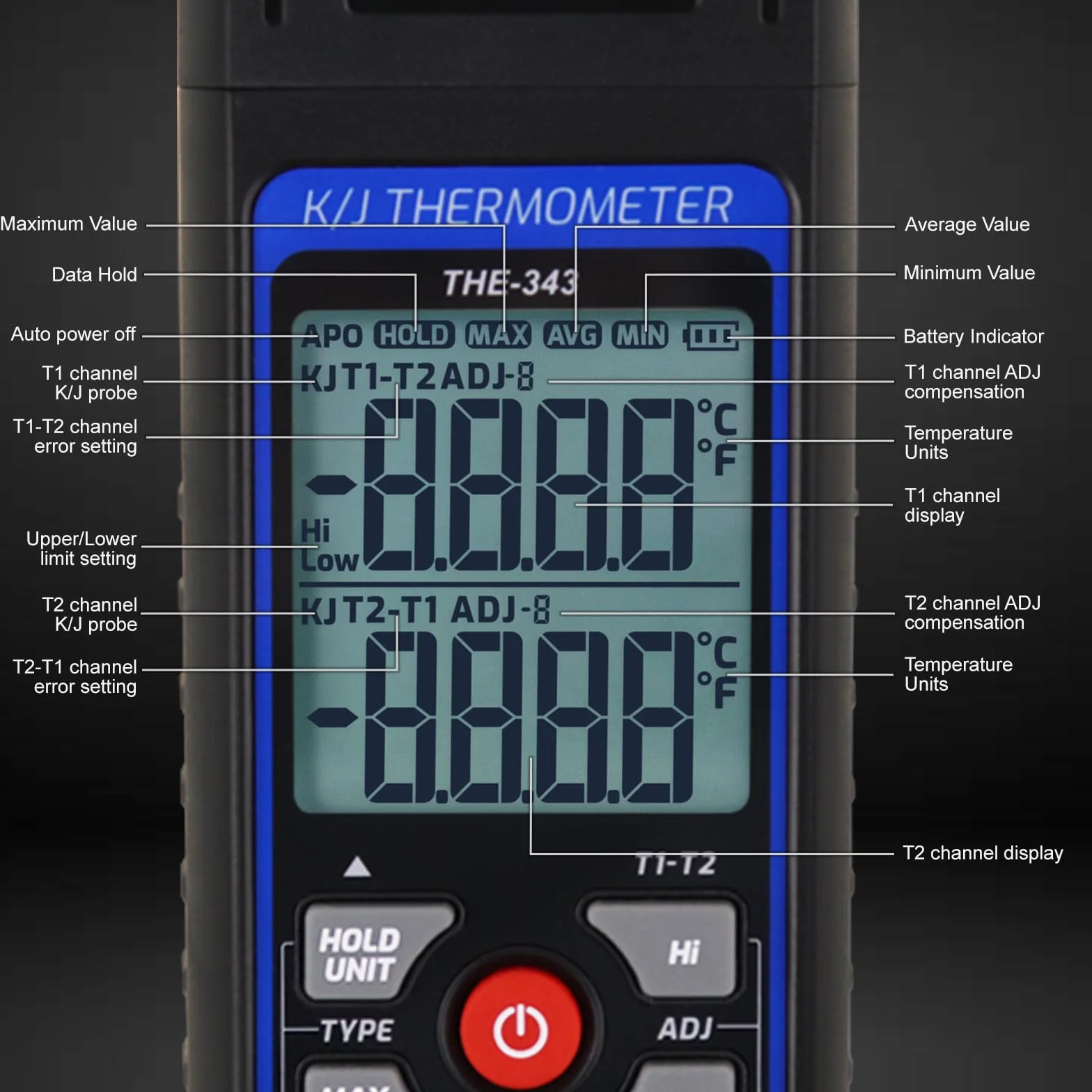 Termometro Digitale a Termocoppia HVAC con 2 Pinze Termometriche e 2 Sonde Cablate, Doppio Canale Allarme Compensazione ADJ (-328~2500℉)