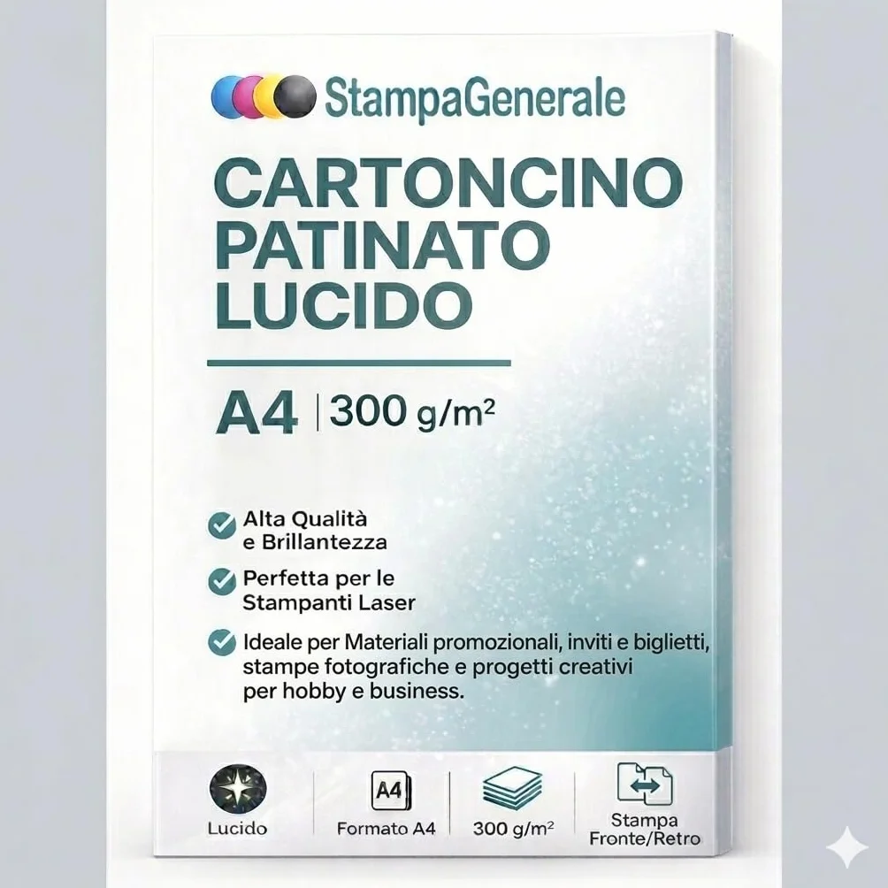 Cartoncino Patinato Lucido A4 300g/m² Bianco Brillante per Stampanti Laser, Stampa Fronte/Retro (100)