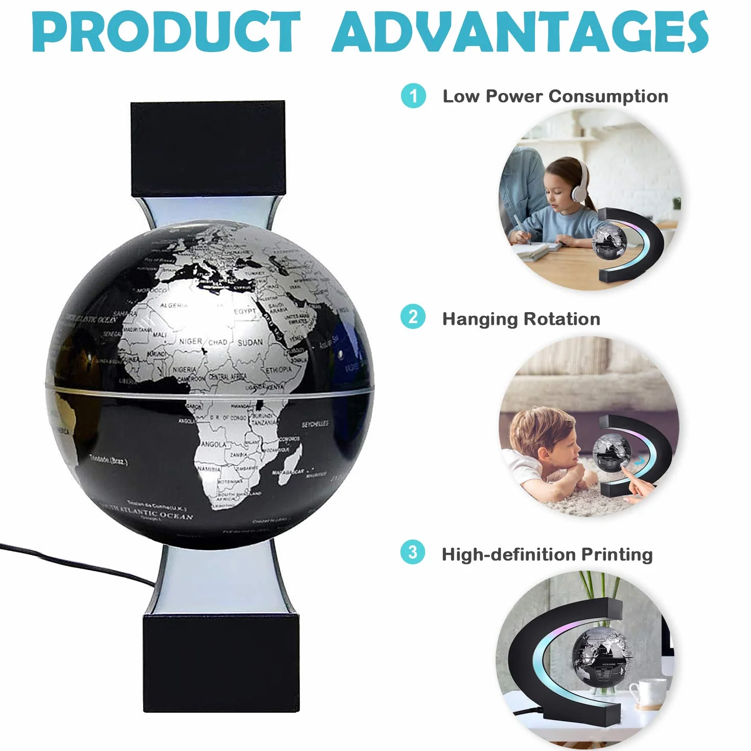 Globo C Magnetico Mappamondo Luminoso levitazione Magnetica a Forma di Sfera Galleggiante Globe World Map Regalo Galleggiante LED-Casa,Ufficio,Scrivania da Classe,d'Affari Decorazione