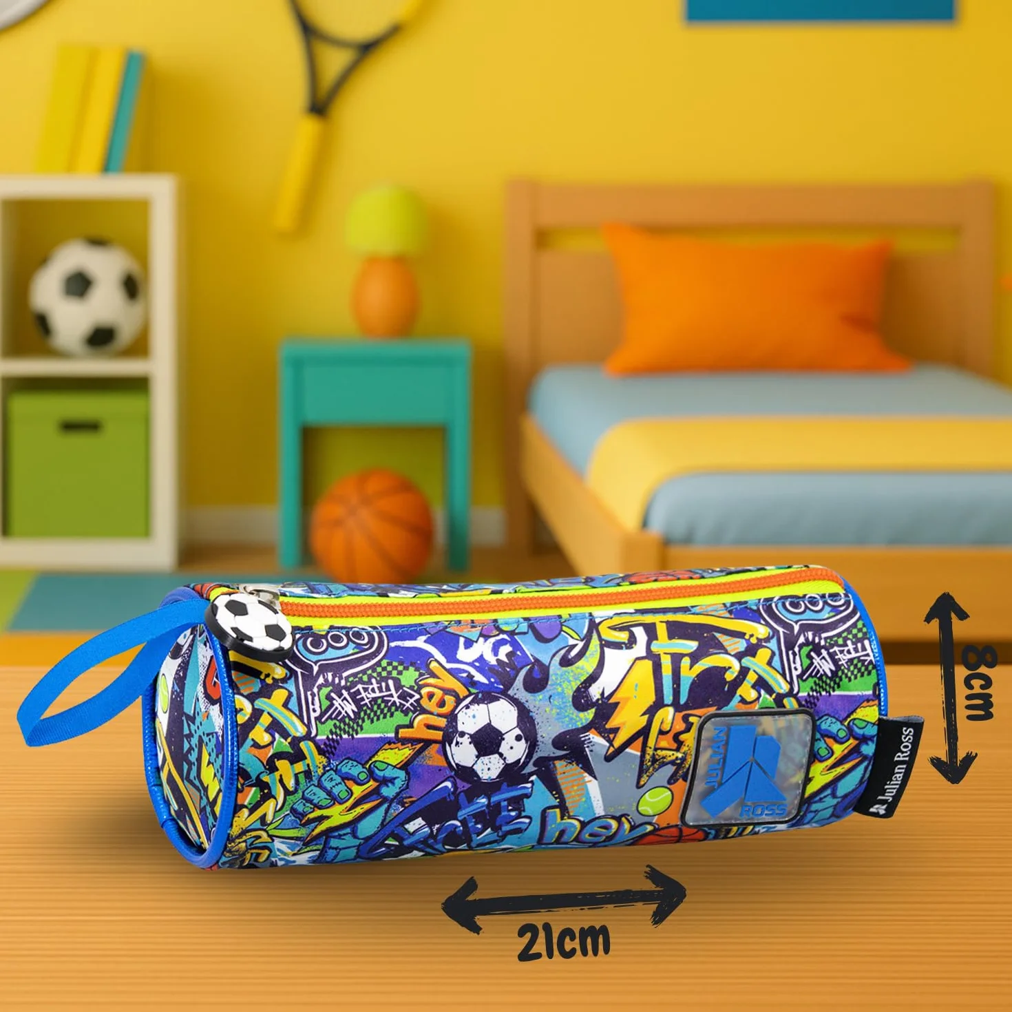 Julian Ross Astuccio Tombolino per Bambino Sport Portapenne Cilindro Scuola Azzurro 21x8 cm Chiusura Zip Poliestere