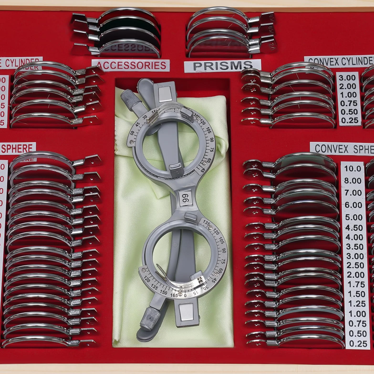 Trial Lens - Set di lenti di prova, 104 pezzi, lenti con occhiali di prova, in metallo, ottometria, lenti di prova, lenti ottiche, con telaio ottometrico e valigetta ottometrica