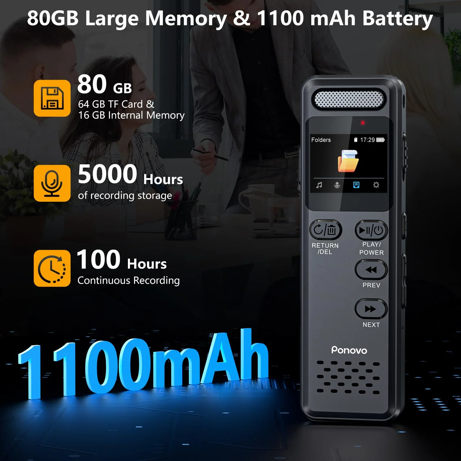 80GB Registratore Vocale 100 Ore Registrazione Continua, Ponovo Registratore Professionale Attivazione Vocale 1536Kbps con MIC, 1100mAh Mini Registratore Audio con Password per Interviste Riunioni