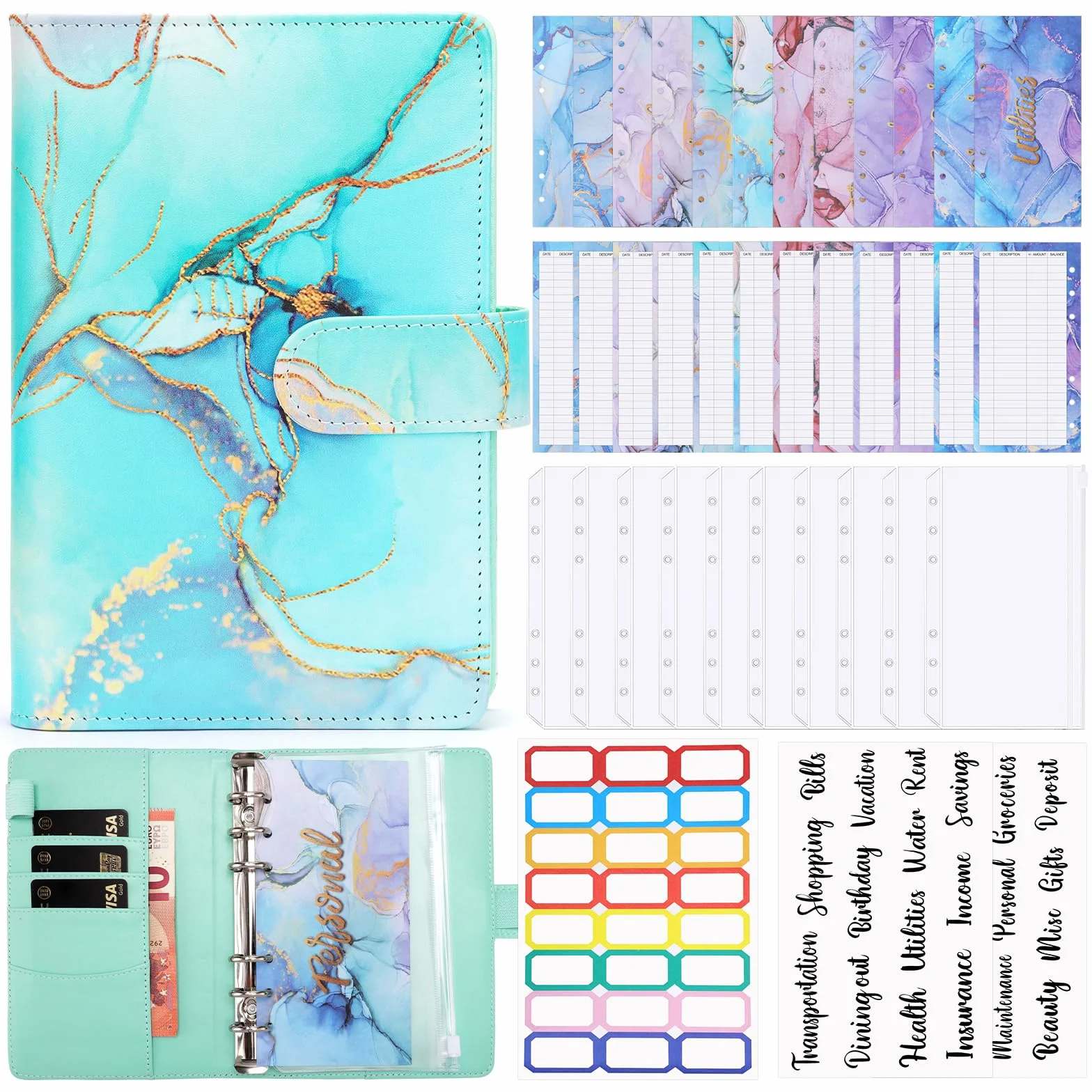 Raccoglitore ad Anelli A6 Budget Binder Pianificatore Risparmio Soldi con Buste e Fogli Bilancio Verde