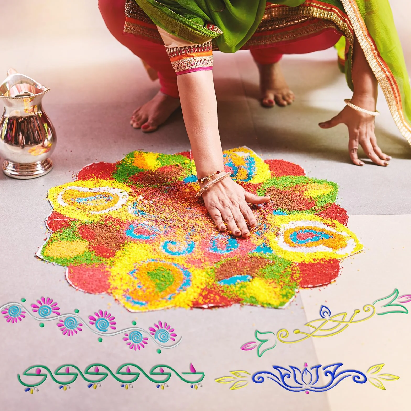 Stencil Rangoli in Legno Set 4 Pezzi Modelli Decorativi Mandala Fiori Riutilizzabili per Pittura Decorazione Pavimento
