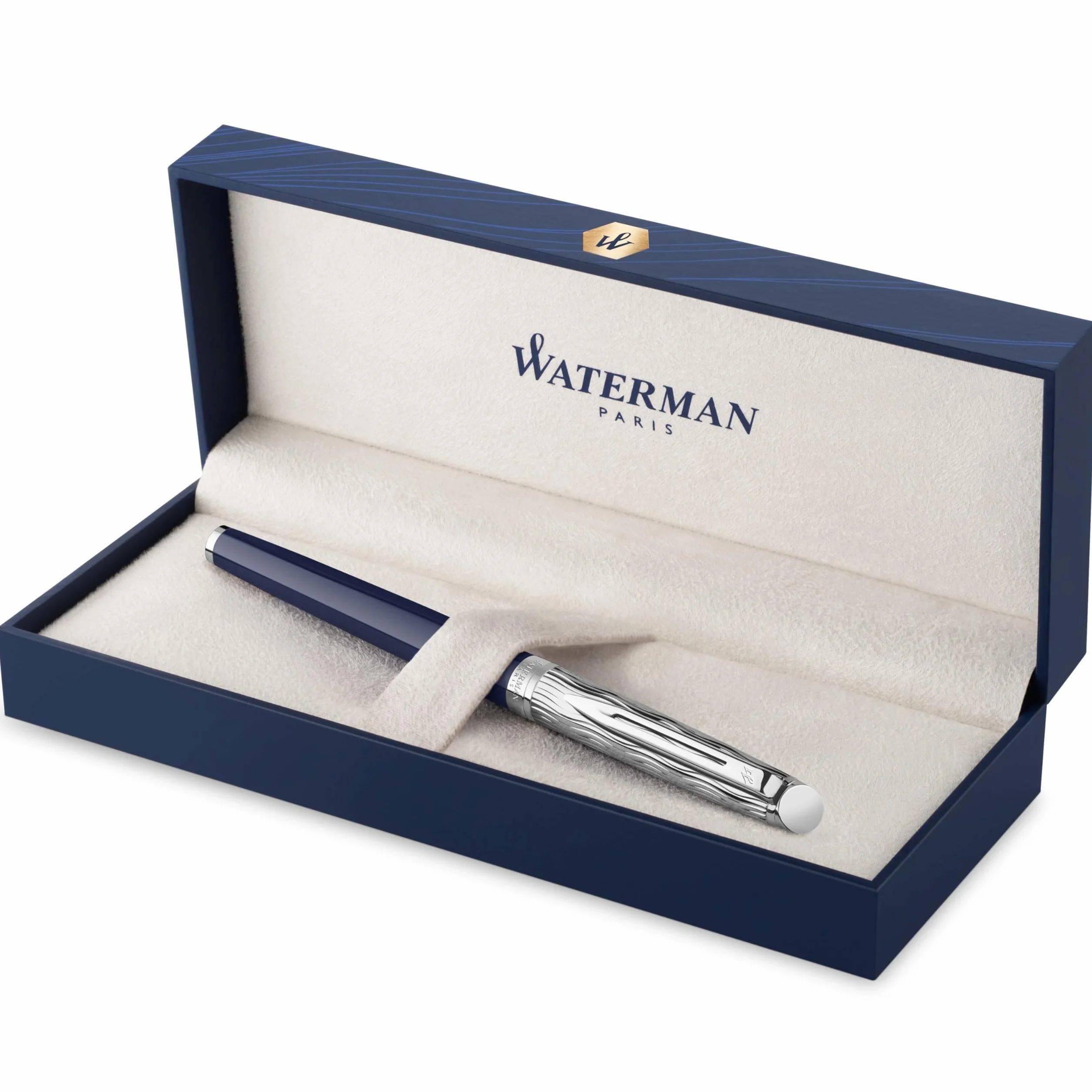 Waterman Hémisphère penna stilografica | Laccatura blu e metallo | Cappuccio cesellato | Pennino sottile in acciaio inossidabile | Inchiostro blu | Confezione regalo