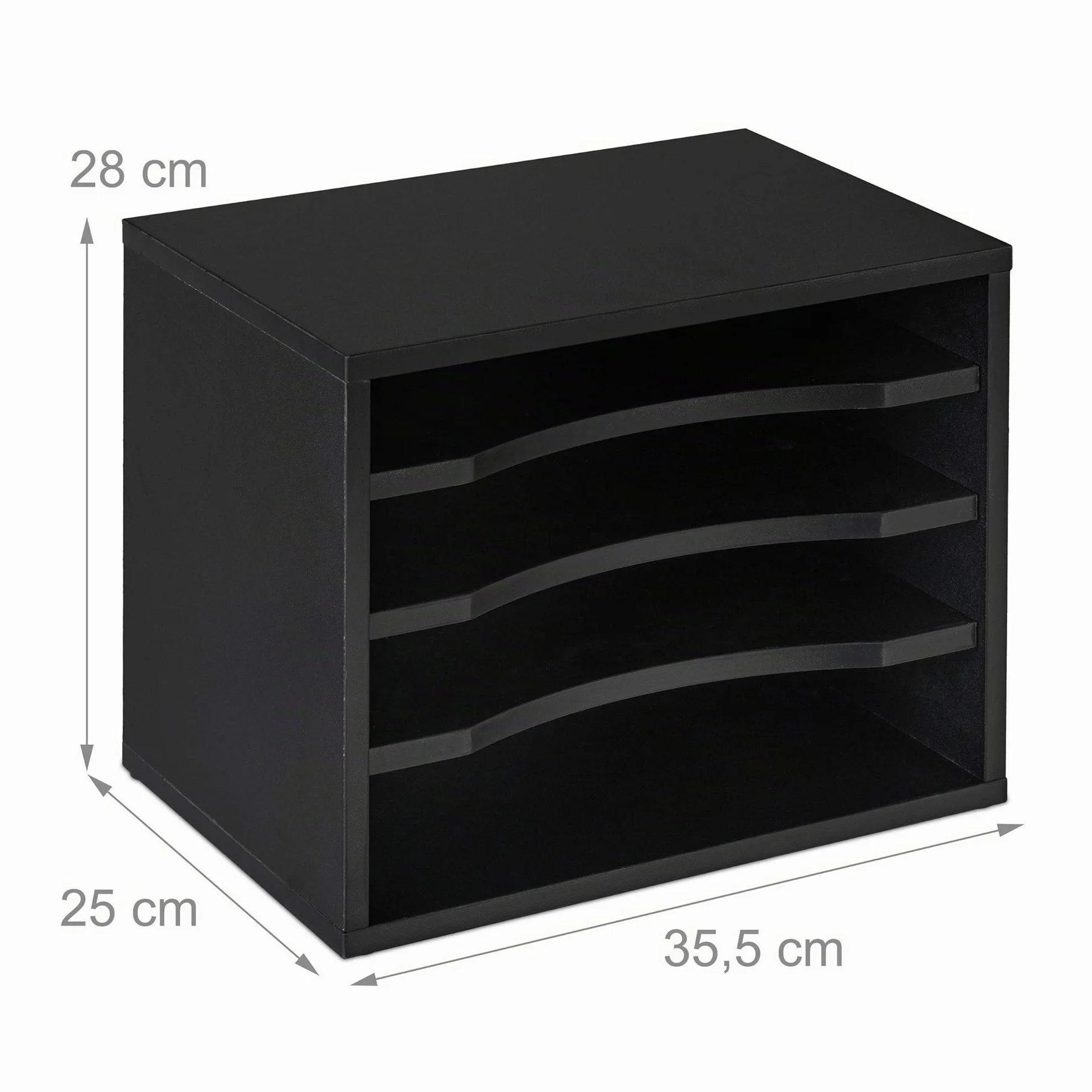 Relaxdays Portaoggetti Scrivania Portadocumenti, 4 Scomparti A4, Organizer per Lettere & Documenti, 28x35,5x25 cm, Nero