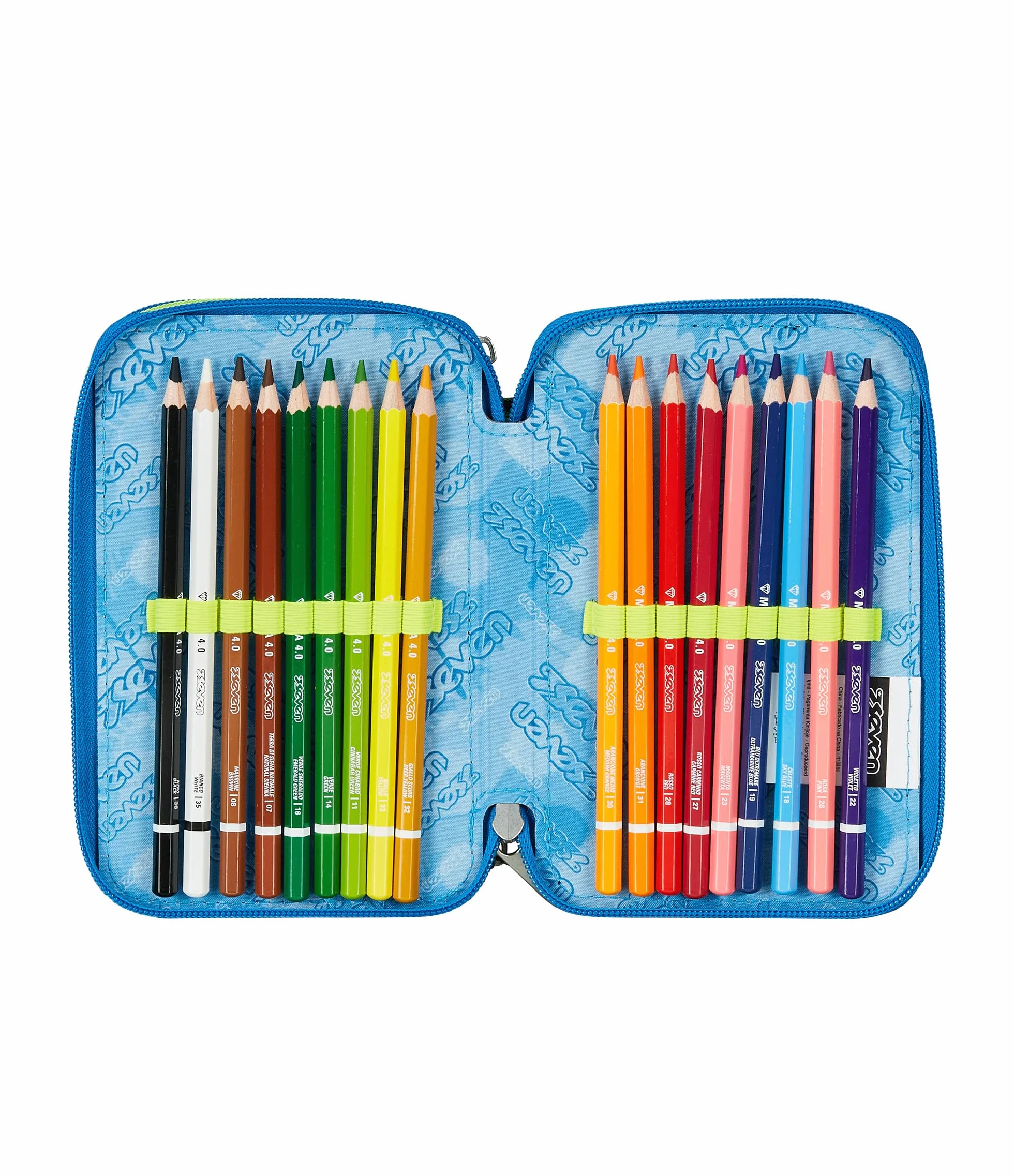 Seven Astuccio Scuola Elementare, 3 scomparti, Medie, con Matite, Pennarelli, Penne, 3 Zip, Uneven Line, Bambino e Ragazzo, blu