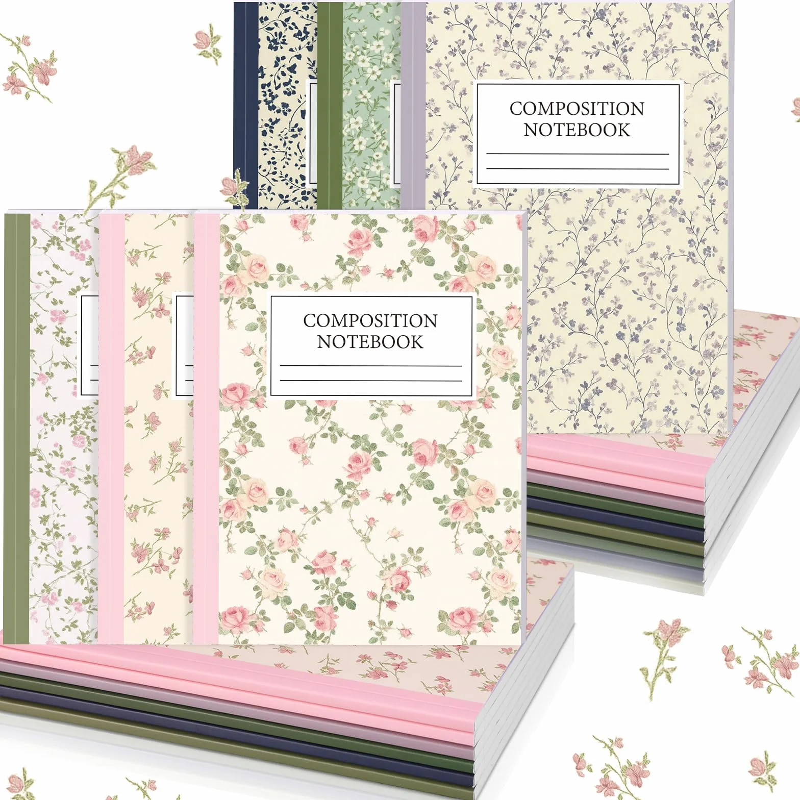 MotiMind 6 quaderni per composizione universitaria a righe di carta con fiori per il rientro a scuola, 110 pagine, 19 x 24 cm, diario regalo per il primo giorno di scuola, studenti e insegnanti