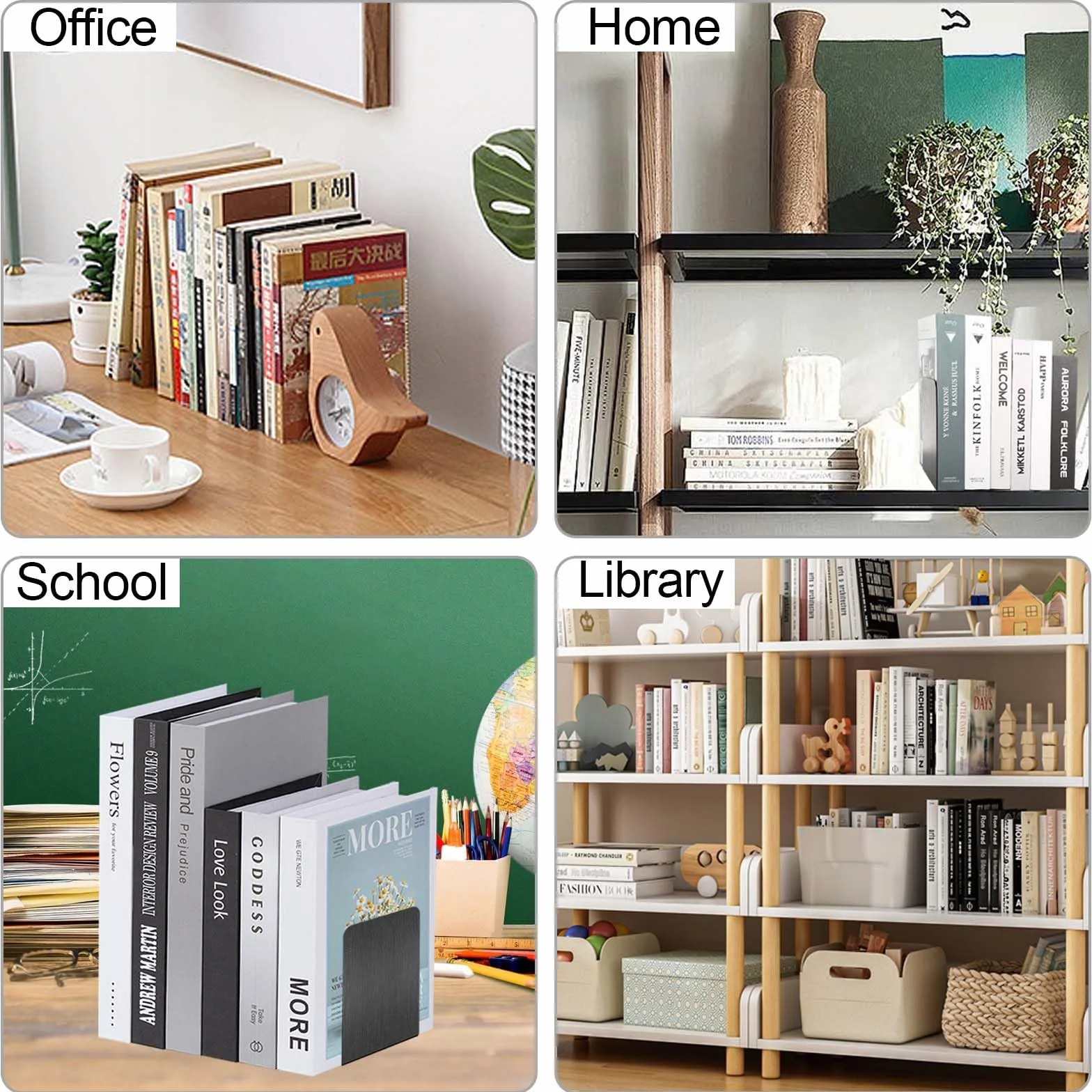 Fermalibri in metallo 6 pezzi 17x13,5x10,2 cm Organizer da Scrivania per Libri con supporto antiscivolo nero