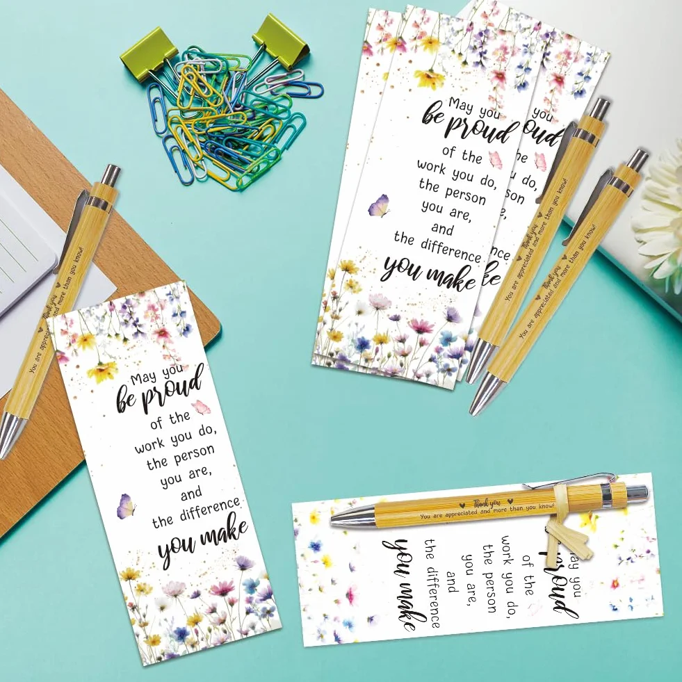 WEBEEDY Set di 36 penne in bambù con note ispiratrici e segnalibro a forma di fiore