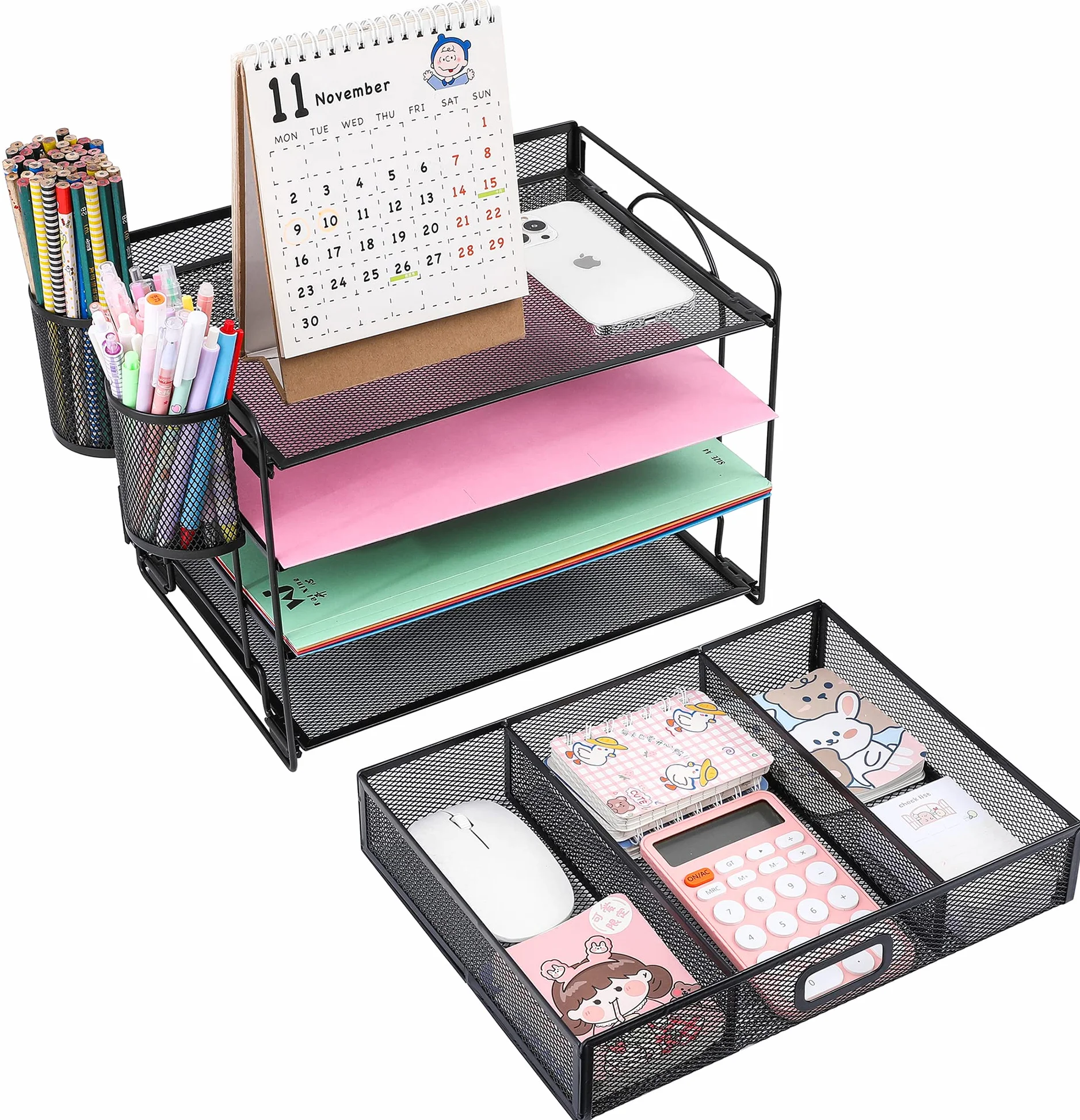 Organizer per File Desktop a 4 Vassoi, Organizer per Scrivania in Rete per Ufficio, Organizer per Documenti, Vassoio per Lettere con Cassetto per Ufficio a Casa(2 portapenne)
