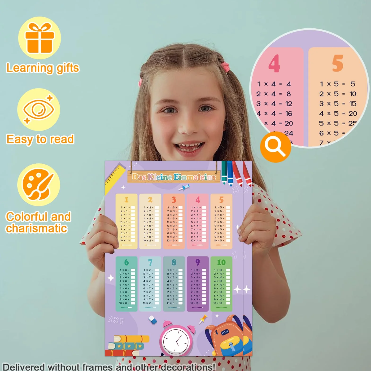 Poster didattico 1x1 per bambini con tabelline, 4 fogli di esercizi