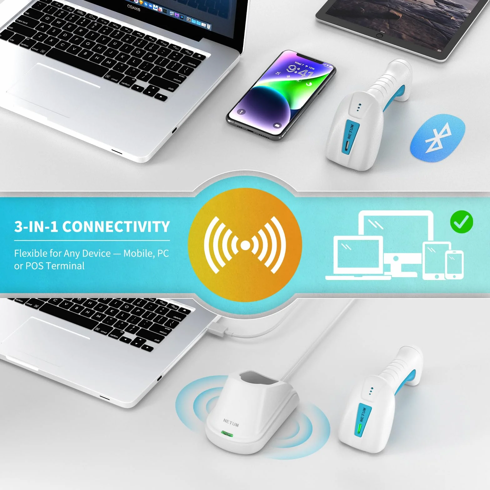 NETUM RD-1962 Scanner Barcode 1D/2D Wireless Blu-Bianco Antimicrobico, Sensore CMOS 1280×800, 2.4G + Bluetooth, Design IP67 Resistente, Modalità Hands-Free per Cliniche e Ospedali