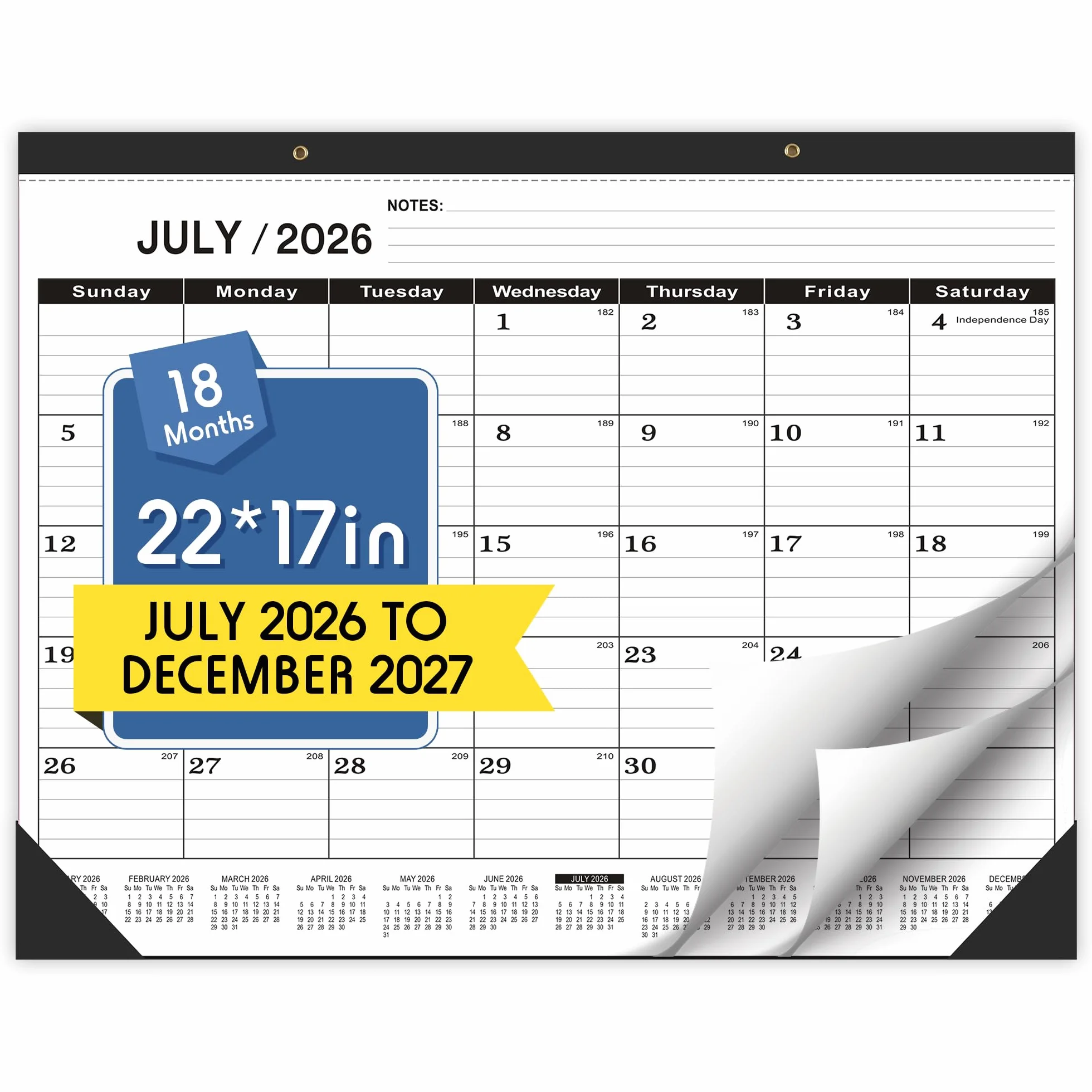 Calendario da tavolo 2024-2025, da luglio 2024 a dicembre 2025, grande calendario da scrivania 2024-2025, calendario per aule 43,2 x 55,9 cm con copertina in PVC, fori rotondi e elenco note (nero)