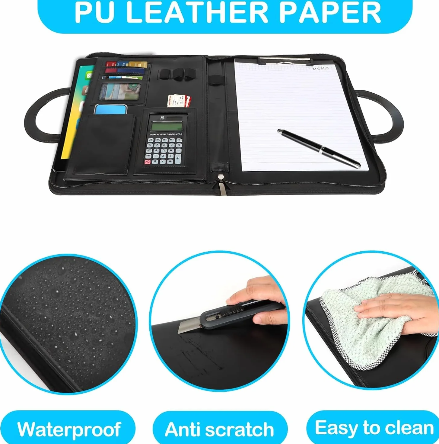 Cartella Portadocumenti A4 in Pelle con Calcolatrice e Cerniera, Portablocchi Organizer – Nero