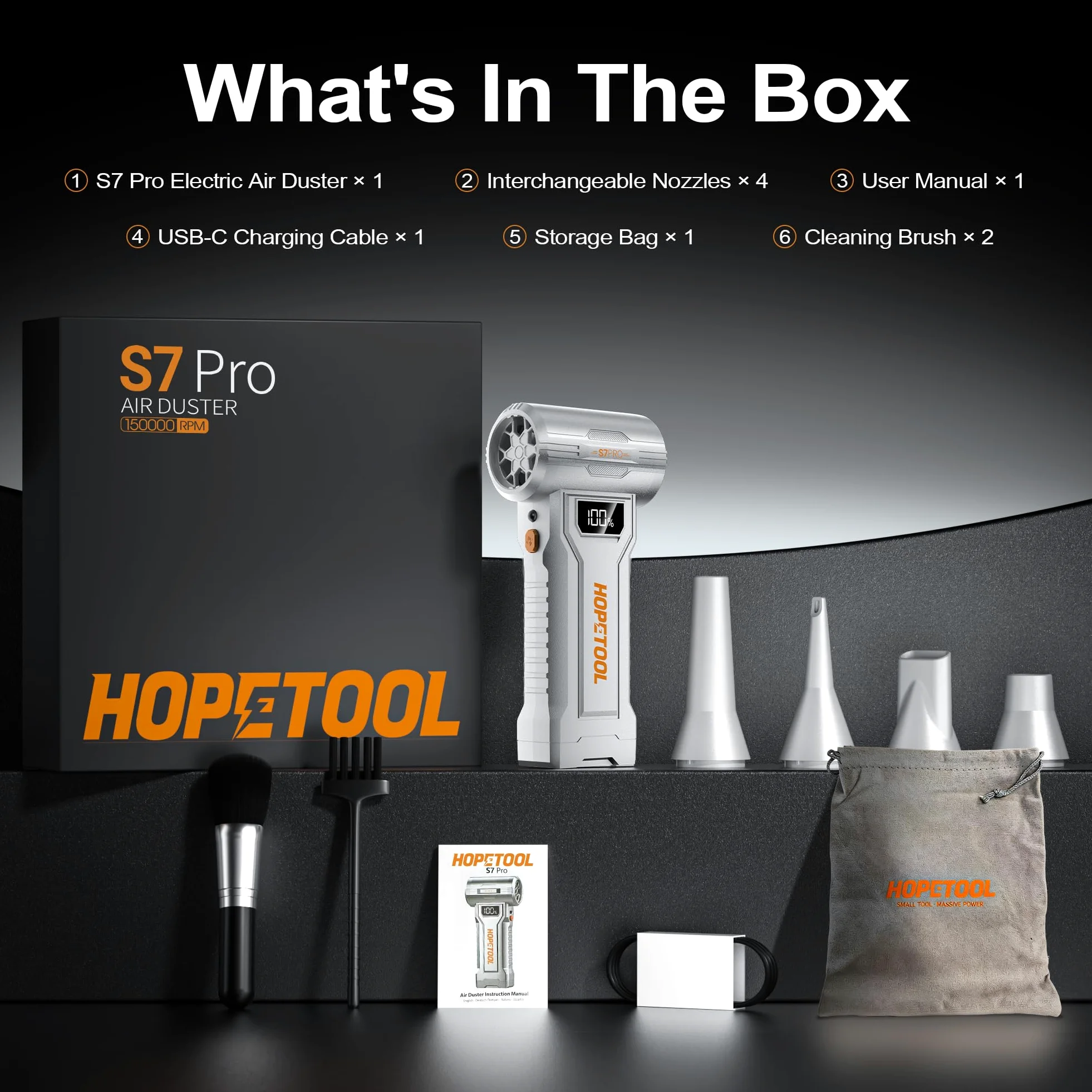 S7 Pro Aria Compressa Elettrico 150K Giri/Min, Soffiatore Aria Compressa Professionale con Display Digitale e Luce LED, Ricaricabile Senza Fili, 4 Velocità per PC, Tastiera, Fotocamera, Auto