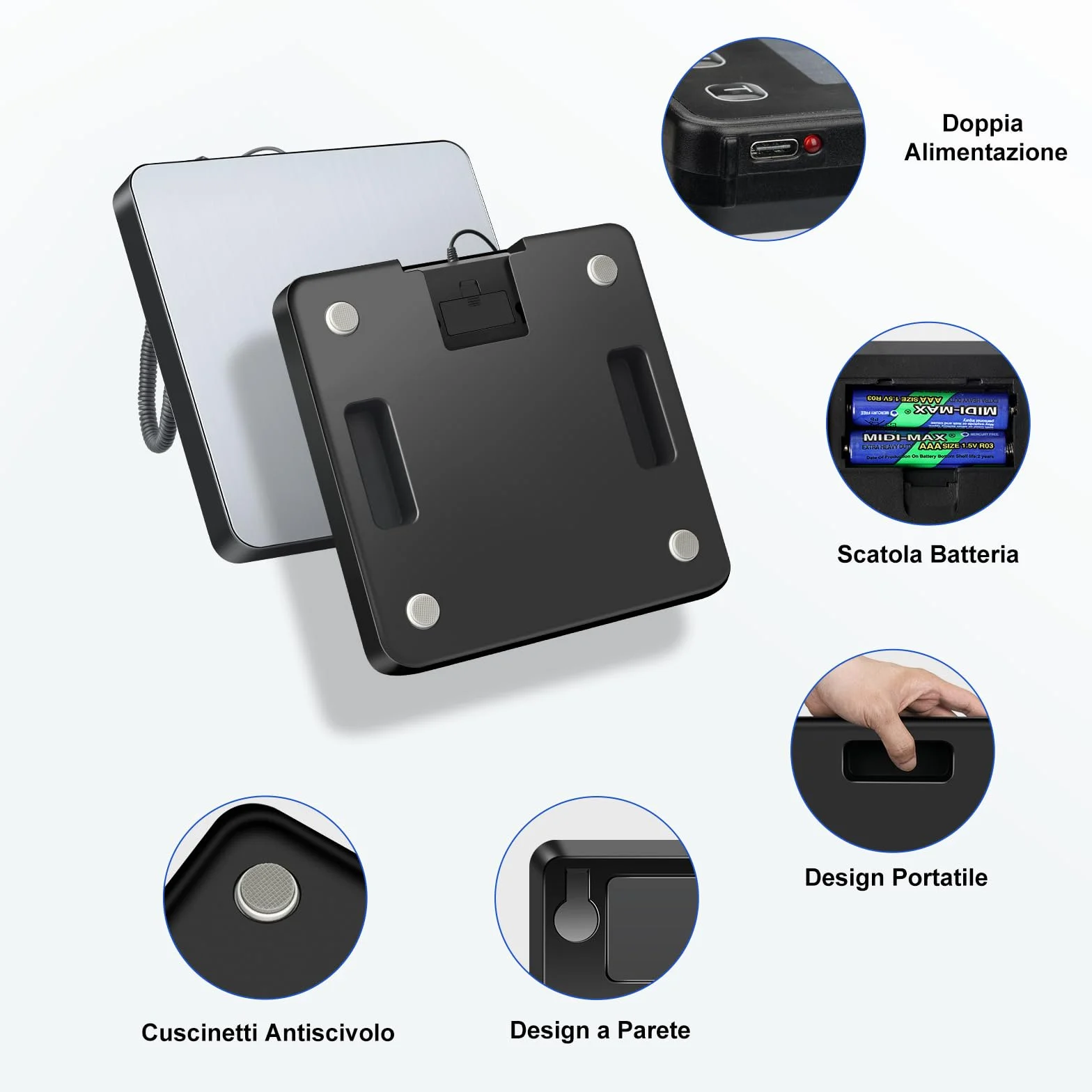 Bilancia Professionale 200kg/10g Alta Precisione Hold Tara Display LCD Montato a Parete per Pacchi e Bagagli Incluse 2 Batterie e Cavo di Ricarica