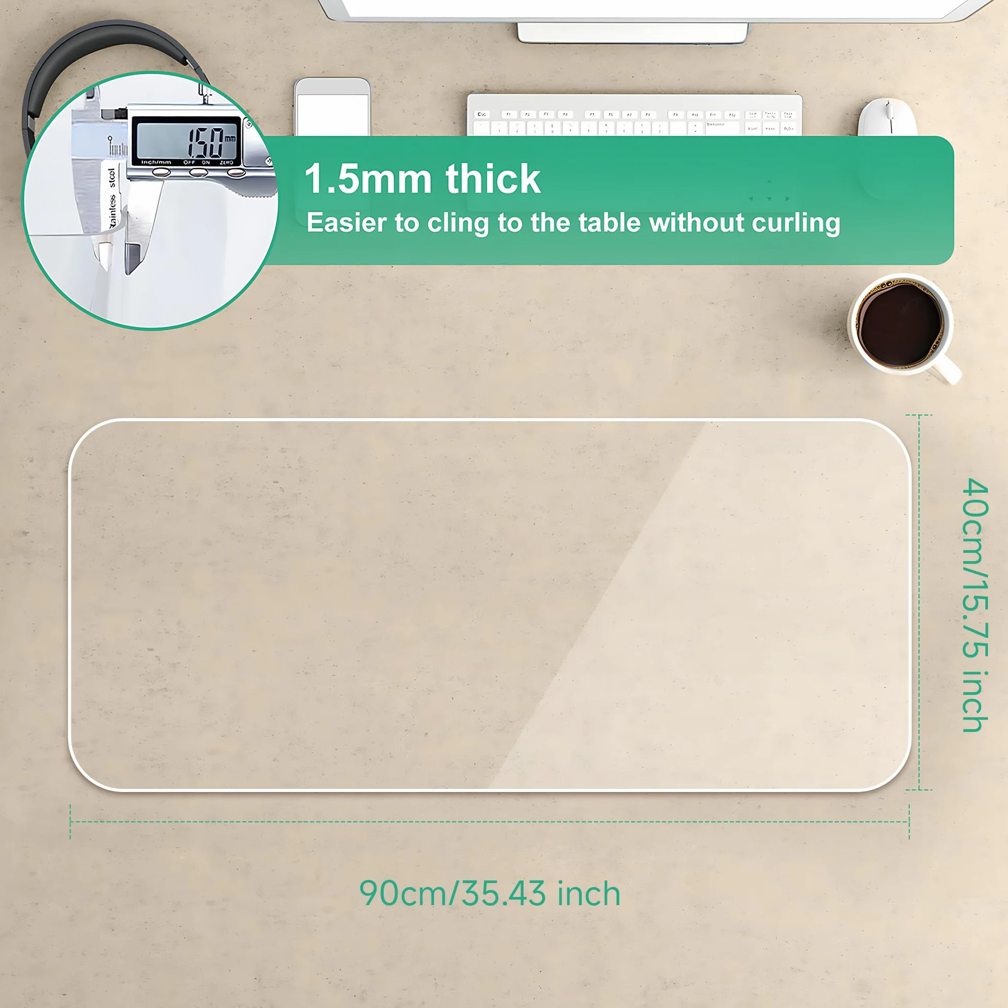 NATRKE Sottomano da Scrivania Trasparente in PVC 90x40x0,15cm Antiscivolo Impermeabile Protezione per Tavolo