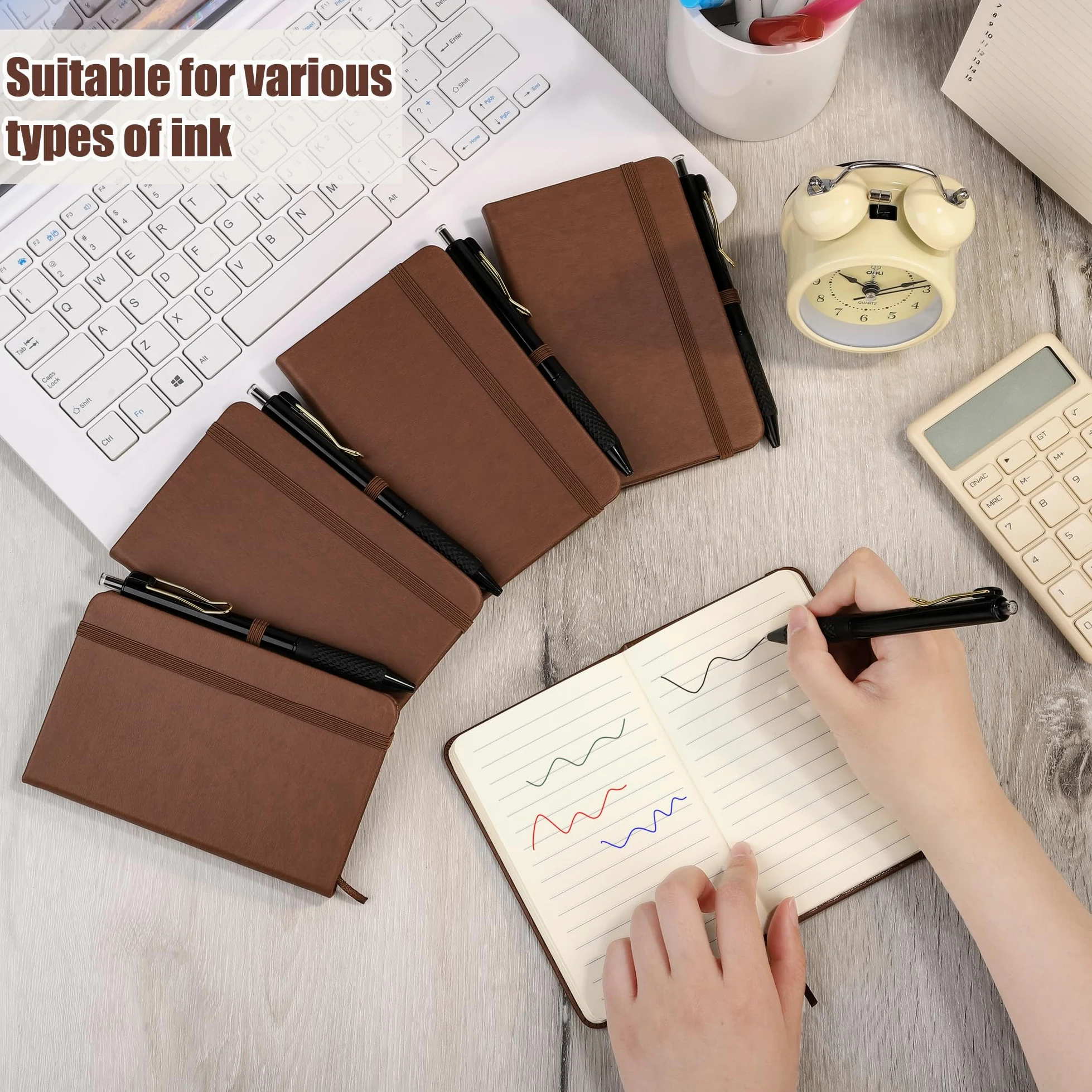 Aodaer Set di 50 quaderni tascabili con penne, 160 pagine, 8,9 x 14,9 cm, mini taccuino a righe, formato A6, in pelle, con copertina rigida, blocco note a righe con portapenne, per scuola, ufficio