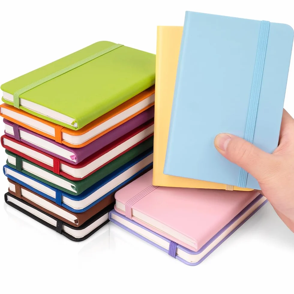 Dynta Diari tascabili, 12 confezioni di piccoli quaderni da 8,9 x 14 cm, 120 pagine/60 fogli, 12 colori, mini diario con copertina rigida in pelle, blocco note a righe universitarie per ufficio