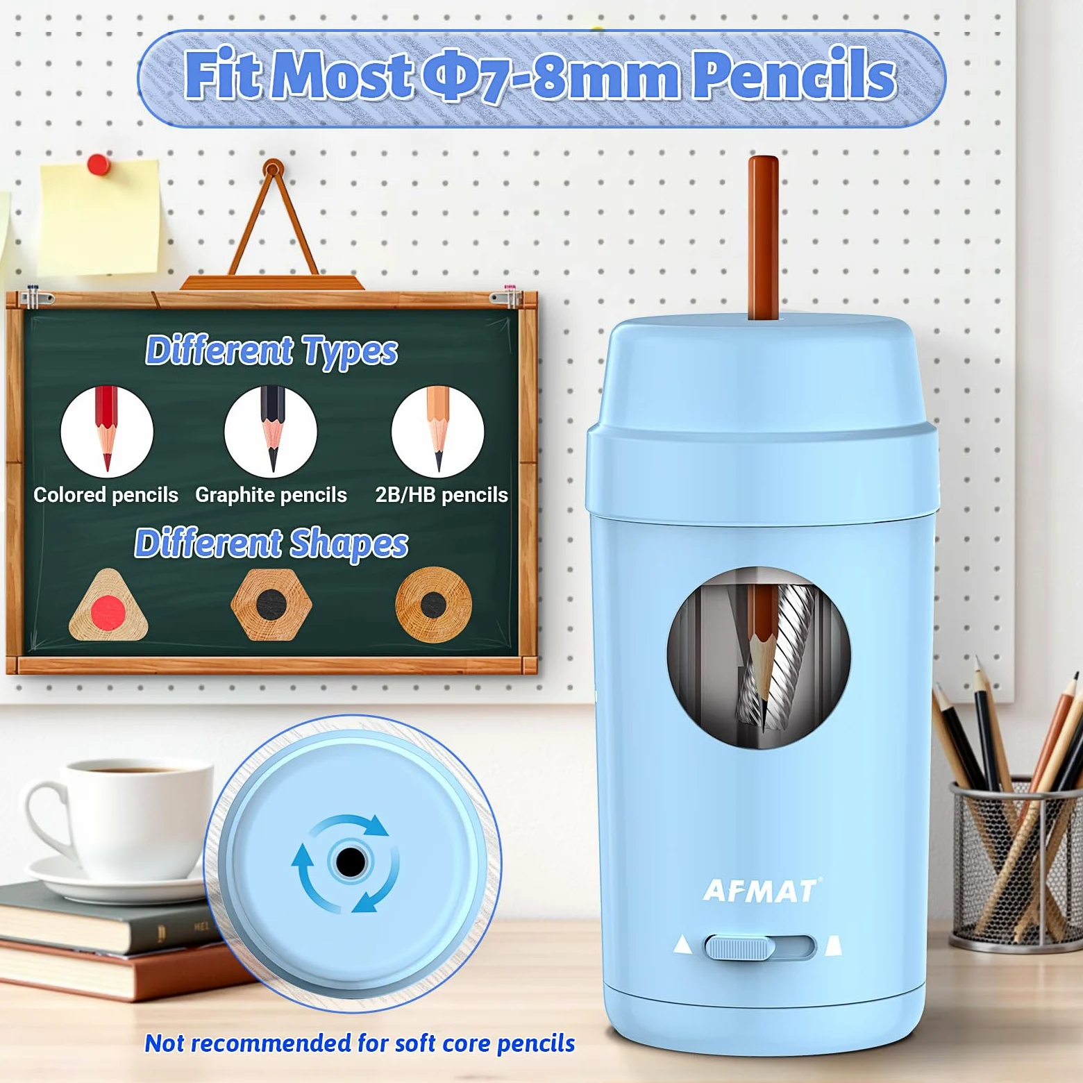 AFMAT Temperamatite elettrico completamente automatico, ricaricabile, con contenitore per matite sottili da 7-8 mm, auto in e out, temperamatite elettrico per casa, ufficio, scuola, blu, PSX8
