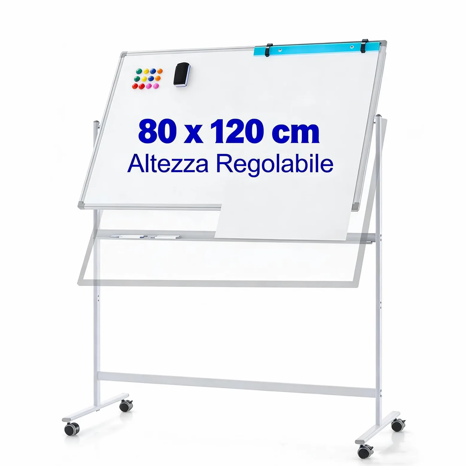 COSTWAY Lavagna Bianca Mobile 120 x 80 cm, Lavagna a Doppia Faccia Magnetica Cancellabile a Secco con Cavalletto e Ruote, Altezza Regolabile 2 Livelli, Accessori Completi (Bianco)