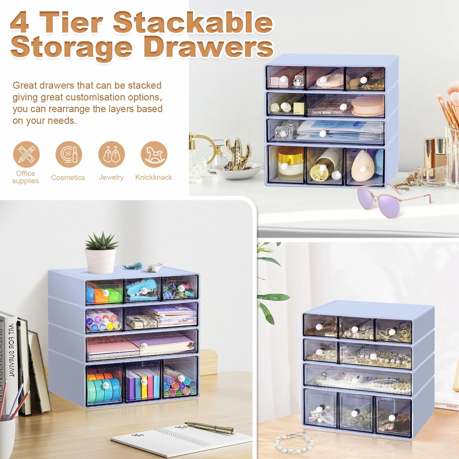 Organizer da scrivania con 9 cassetti, 4 cassetti impilabili in plastica per scrivania, cancelleria da ufficio, organizer per trucchi, adatto per casa, ufficio e scuola