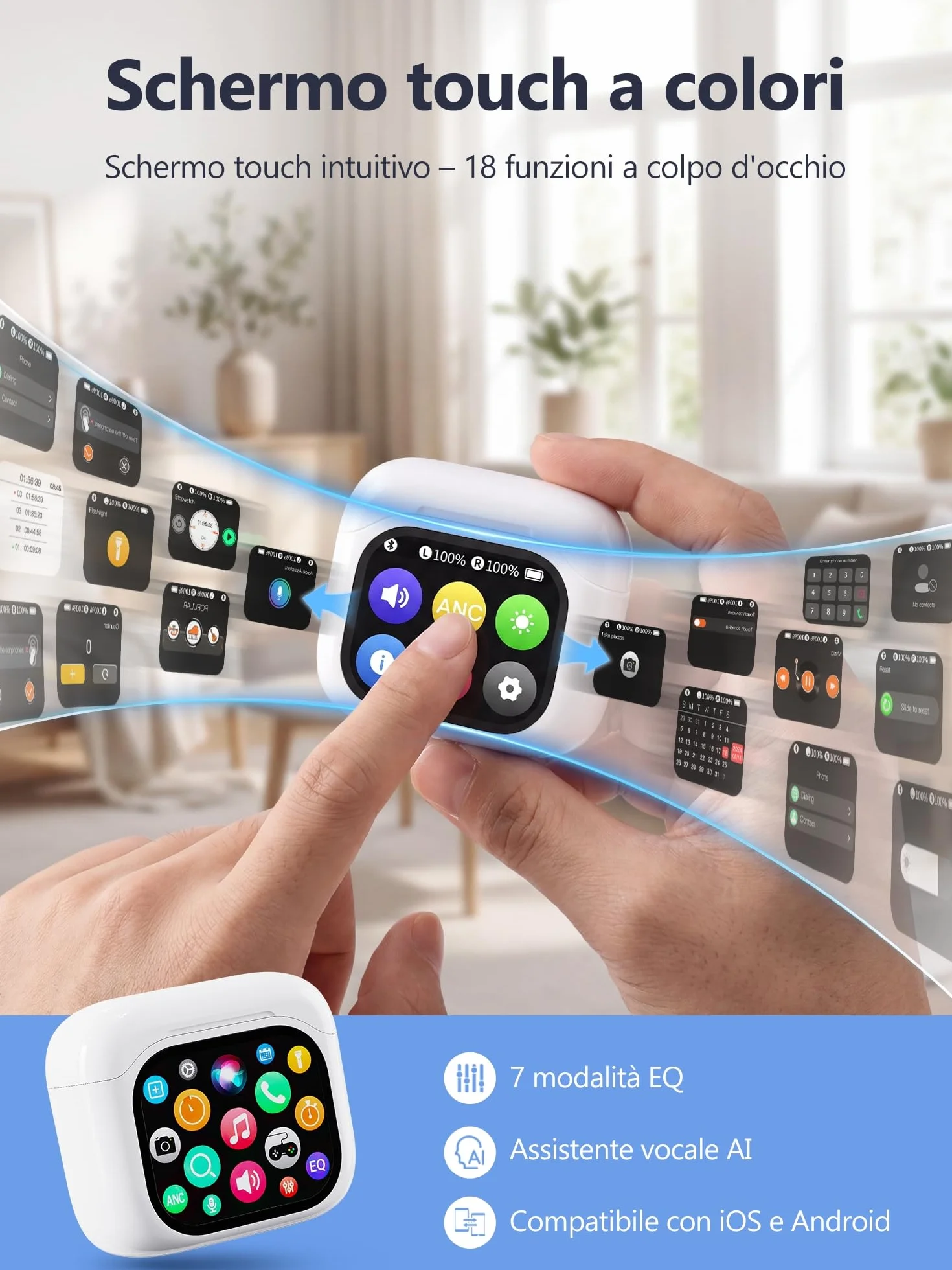 AI Cuffie Traduzione Simultanea Vocale：3-in-1 Bluetooth Auricolari Traduttore LCD Touch 156 Lingue - 7 EQ Asistente de IA e Telecomando per Foto – Isolamento Rumore In-Ear per Viaggi Studio Business