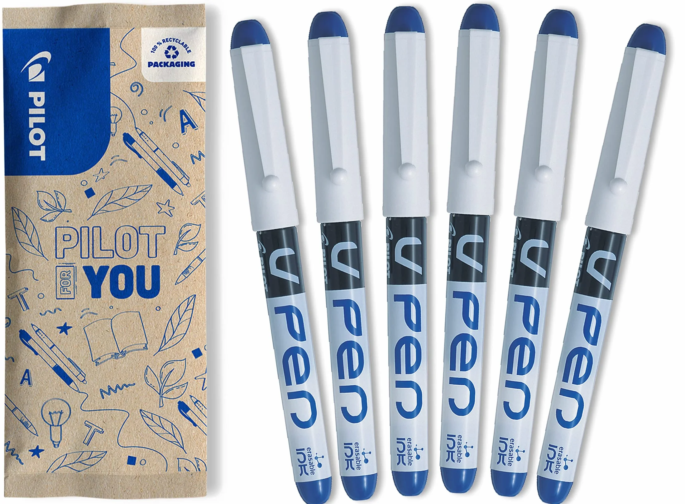 PILOT Set di 6 Penne Stilografiche V-Pen Inchiostro Cancellabile Pennino in Acciaio Blu