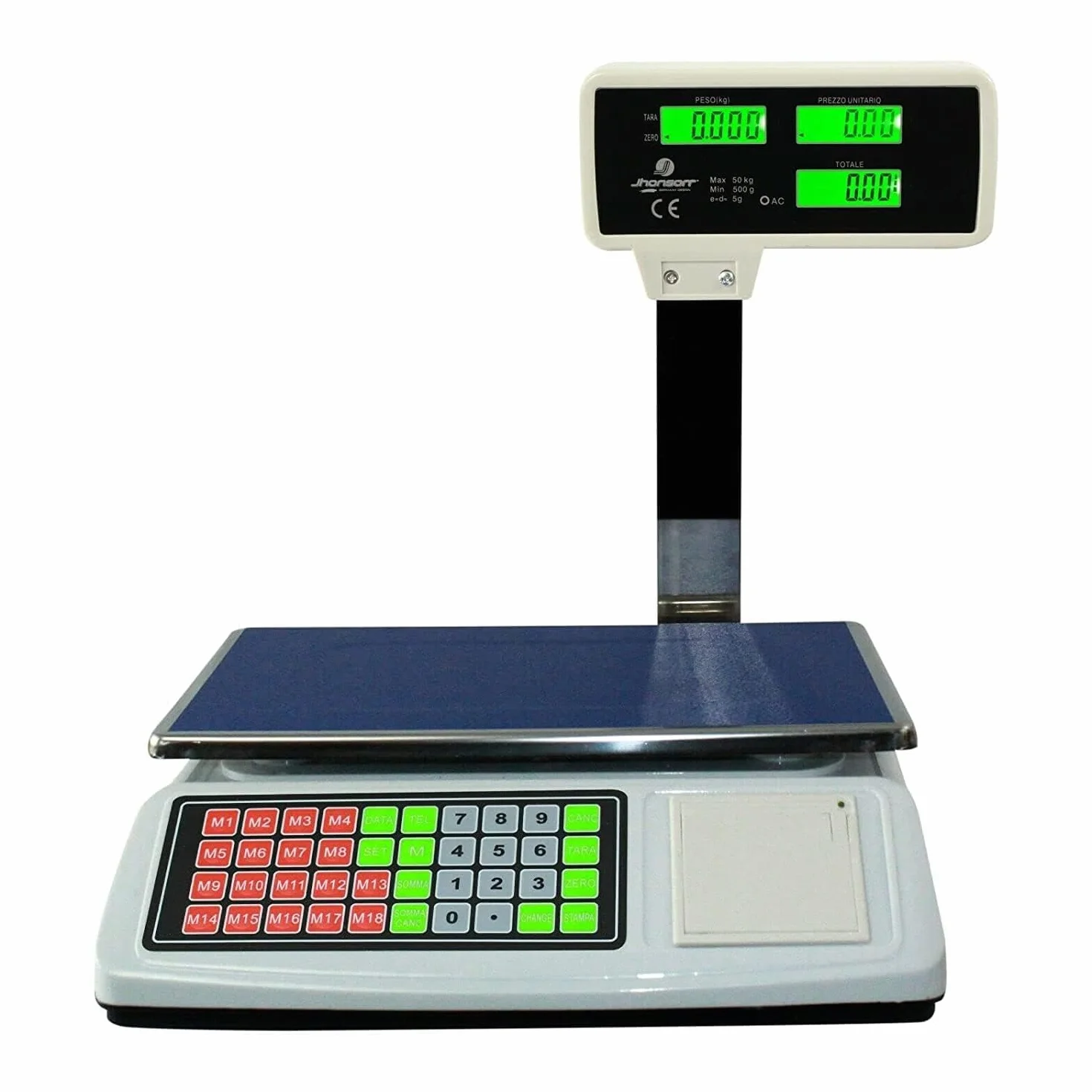 Bilancia da banco Bilza con scontrino elettronica portata 50kg, 6 display LCD retroilluminati, memoria prodotto, stampa ricevuta