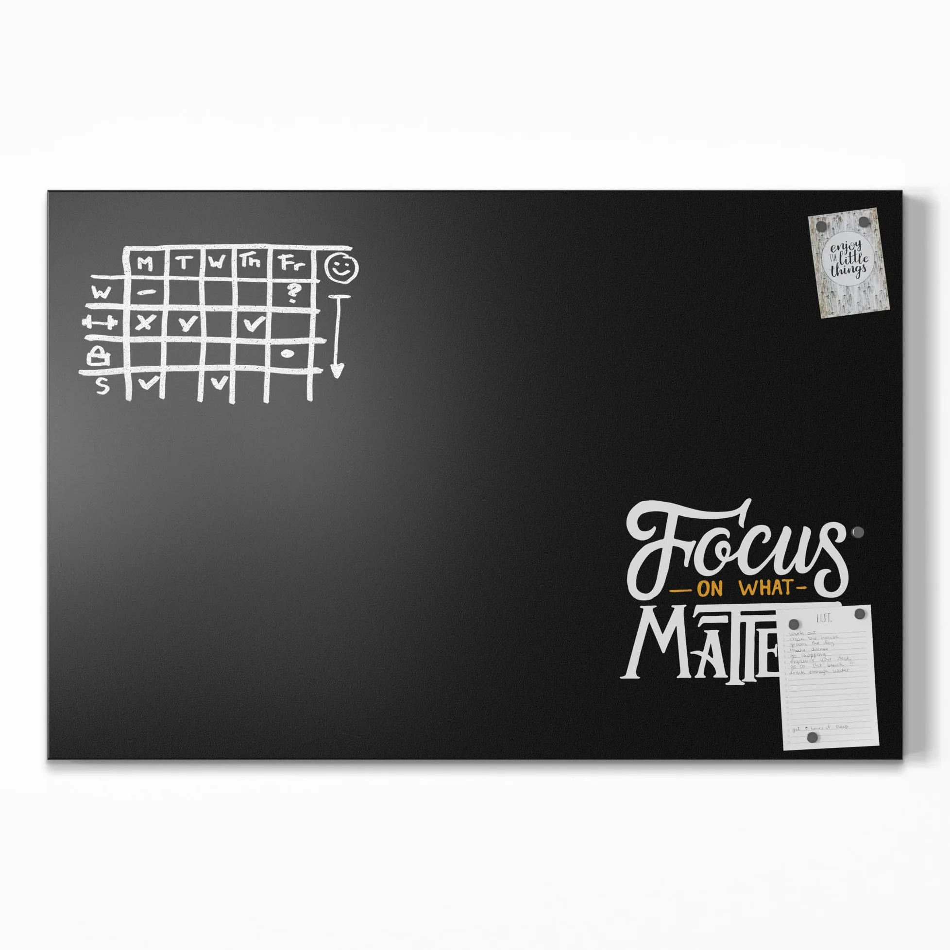DEQORI Lavagna magnetica con stampa UV | motivo "Focus auf wichtige" | Design rettangolare 90 x 60 cm | Lavagna in metallo a gesso scrivibile – Decorazione da parete per cucina, corridoio, cameretta