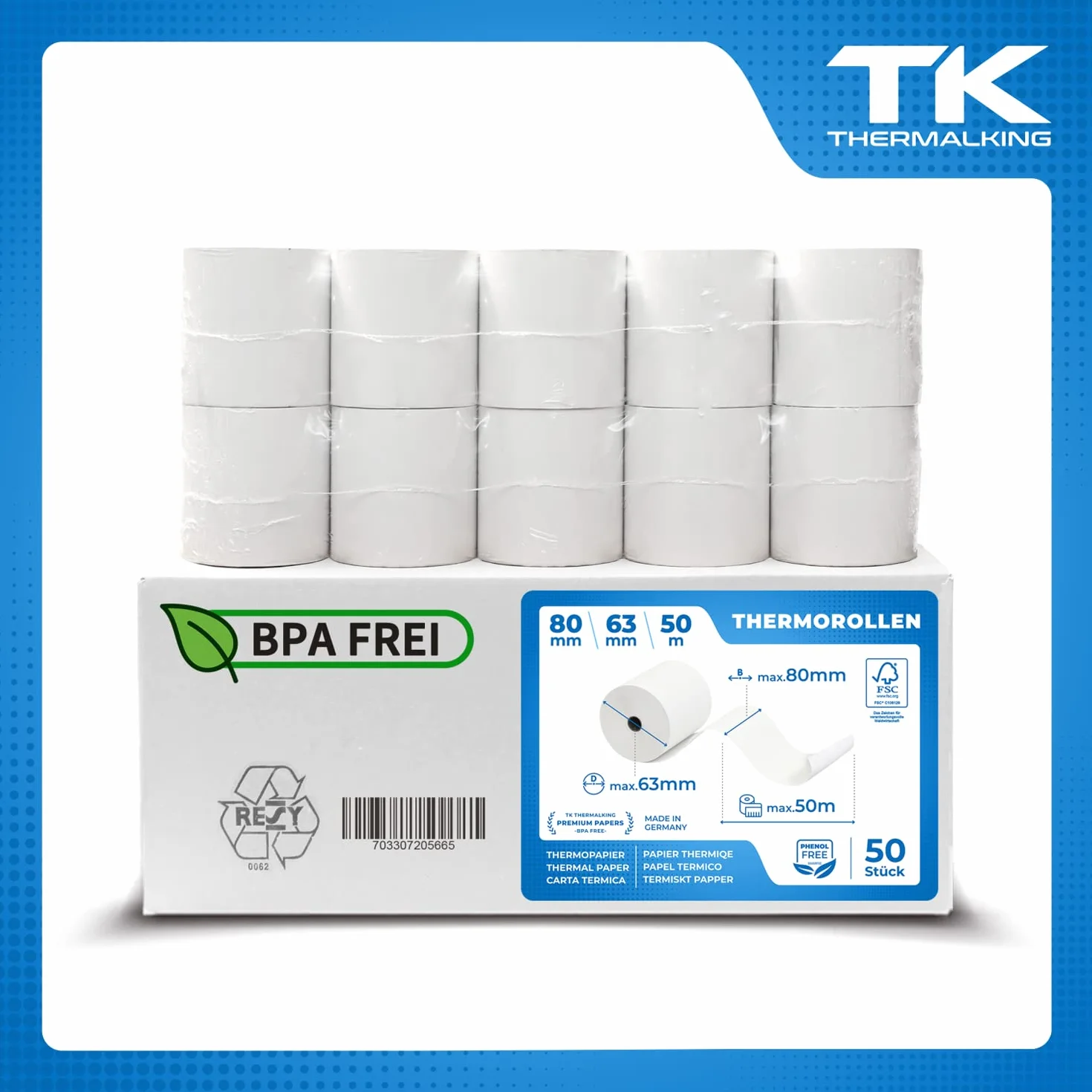 THERMALKING - Rotoli Cassa 80x63 Termica Fiscale [senza BPA] - Rotolo per stampante registratore di cassa fiscale 80mm x 50m x 12mm - Rotolini carta termica 80x63x12 - [50x]