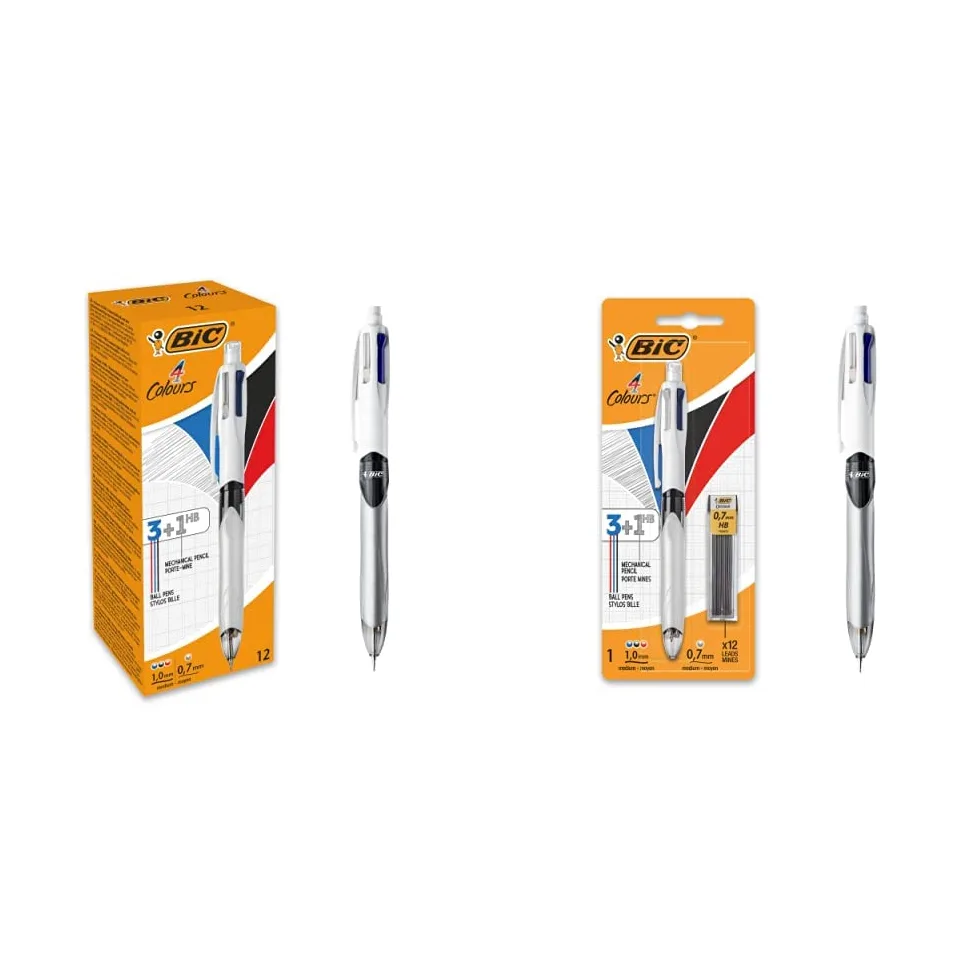 BIC 4 Colori Multifunzione Penna a Sfera a Scatto, 3 Colori (1.0 mm) + 1 Matita Meccanica (0.7 mm), Pacco da 12 Penne & 4 Colori Penne a Sfera a Scatto, Cancelleria Scuola e Ufficio