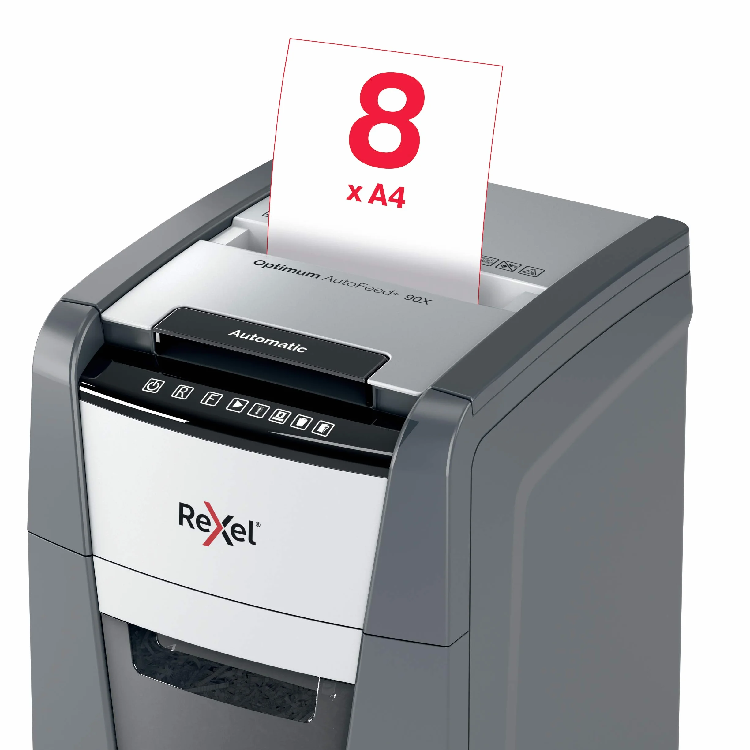 REXEL Optimum Auto Feed+ 90X, Distruggi documenti Automatico, 90-99 Fogli (80-70 gr/mq), Taglio a Frammento, Livello di Sicurezza P-4, per la Casa e per l'Ufficio, Capacità 34 Litri, 2020090XEU