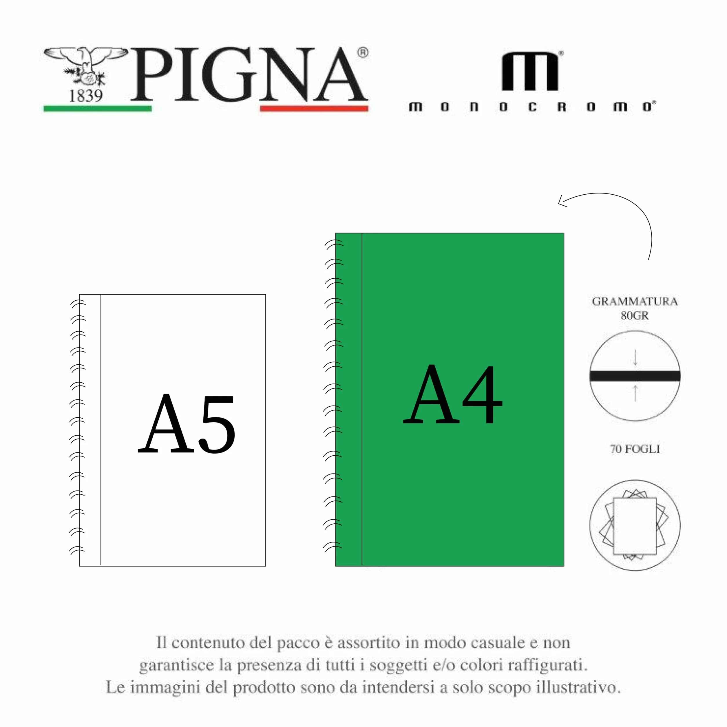 Pigna Confezione 5 Maxi Quaderni Spiralati A4 MONOCROMO 5M Quadretti 5mm Microperforazione
