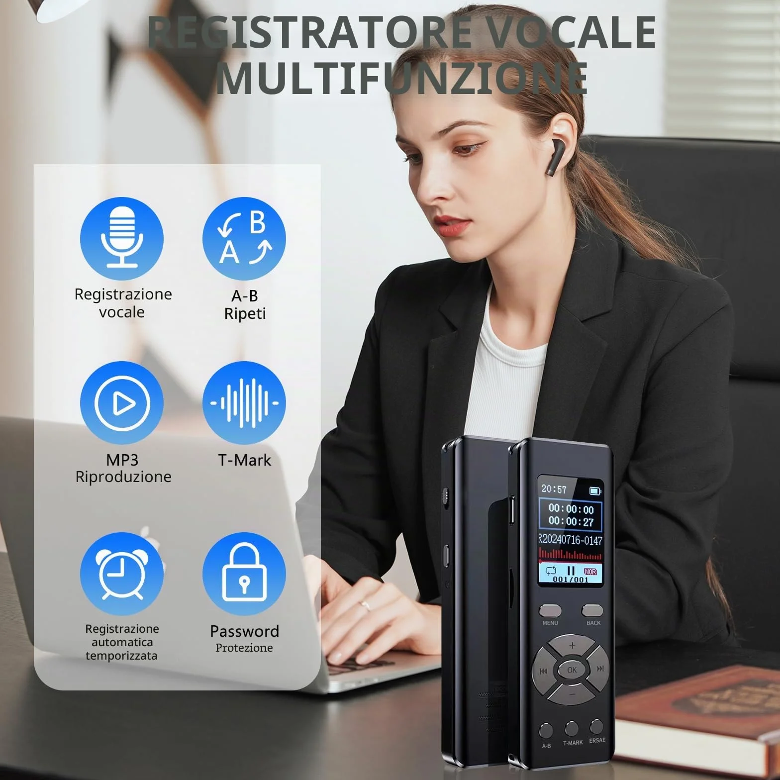 Registratore vocale digitale 64G, dittafono MP3 con funzione loop A-B, registrazione HD 1536 Kbps