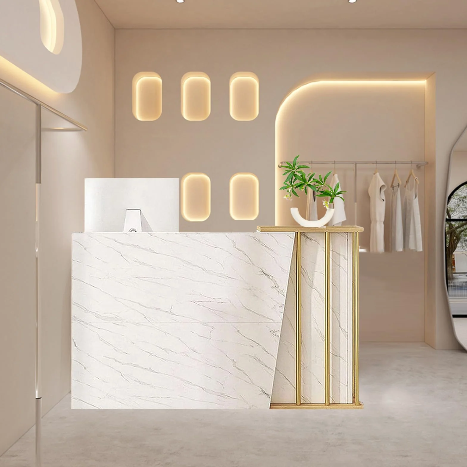 Reception Estetica Curva, Scrivania con Cassetti per Negozio, Banco Vendita per Negozio con Il Computer Del Governo Di Stoccaggio E Del Cassetto per Cassa e Vendita Al Dettaglio Marble Color 100cm