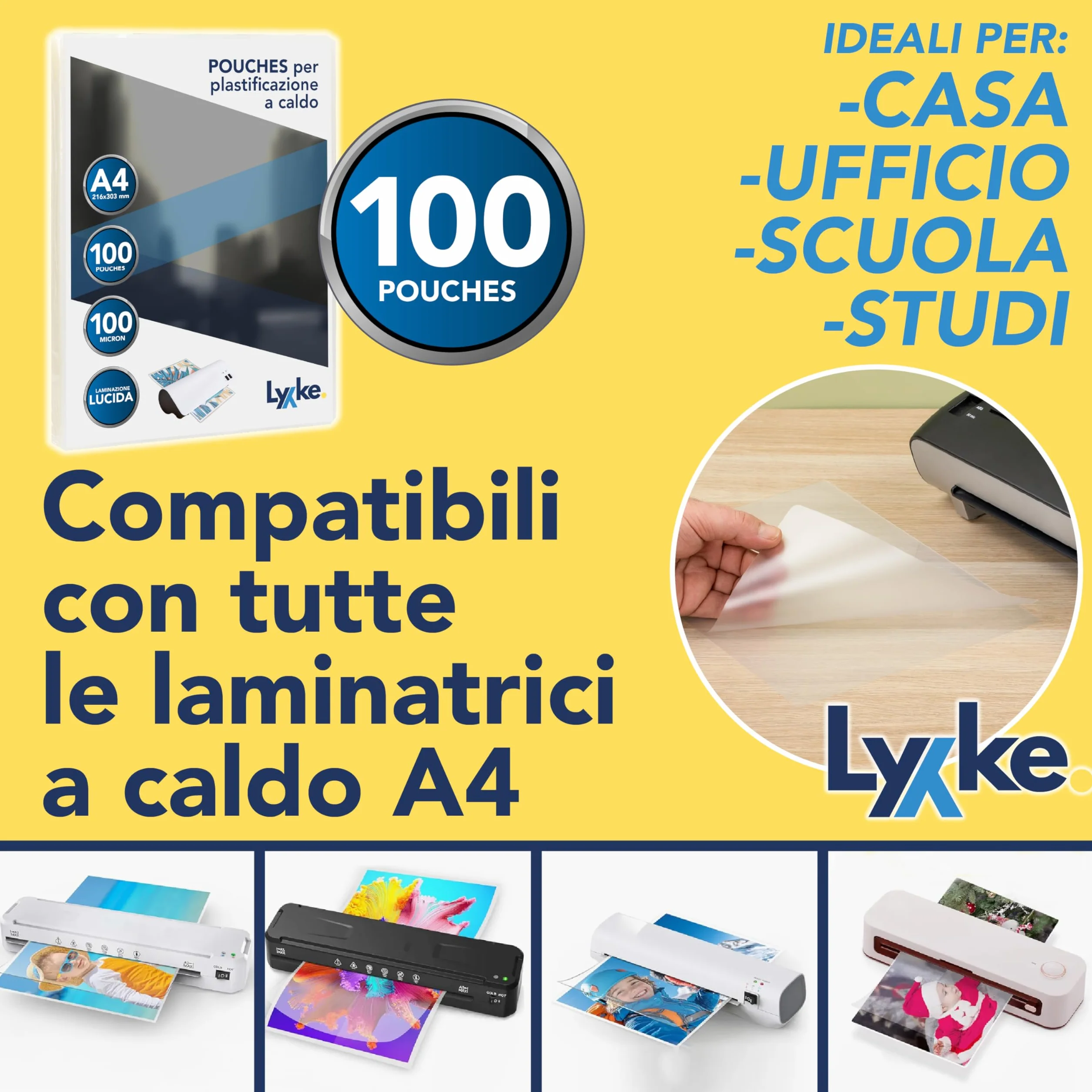 Fogli Plastificatrice A4 100 pz 2x100 micron Lucidi Premium Anti-inceppamento Trasparenti per Foto Documenti